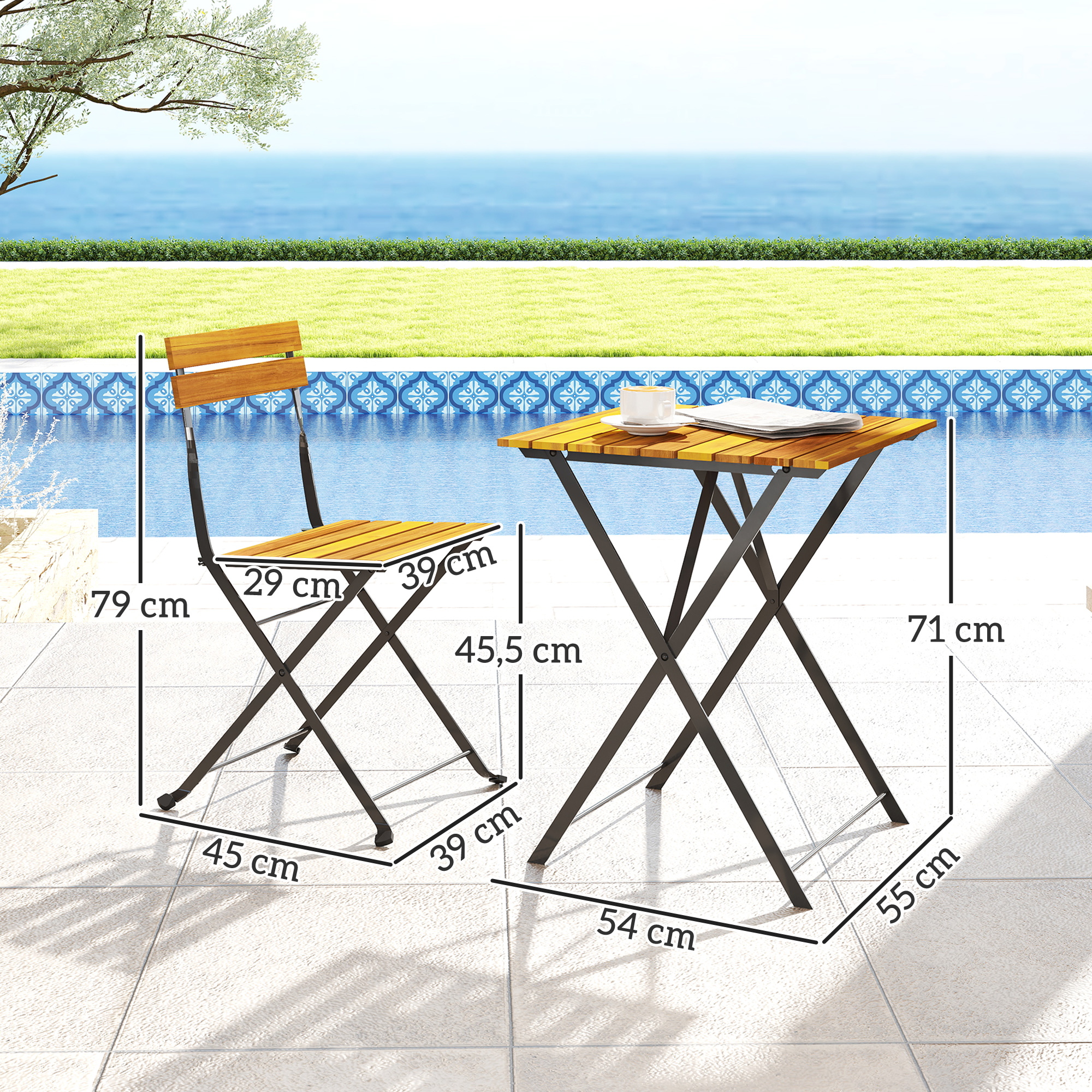 Sitzgruppe 3 tlg. Essgruppe für 2 Personen klappbarer Esstisch mit 2 klappbare Stühle für Terrasse Balkon Teak