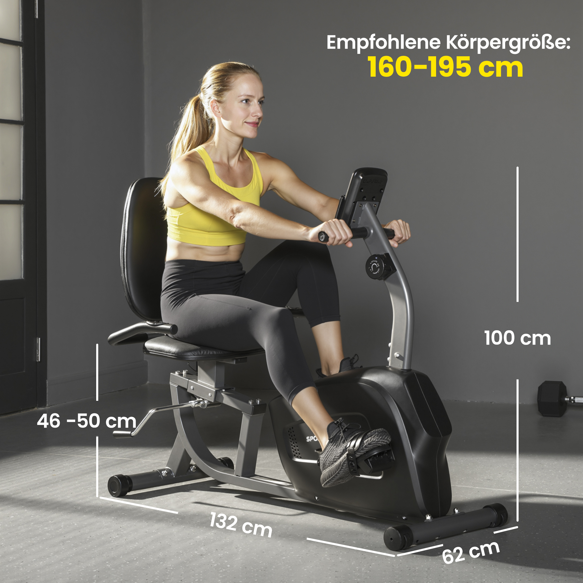 Heimtrainer, Magnet-Liegerad, 8 Widerstandsstufen, verstellbar, LCD-Monitor, Metall, Kunststoff, Schwarz