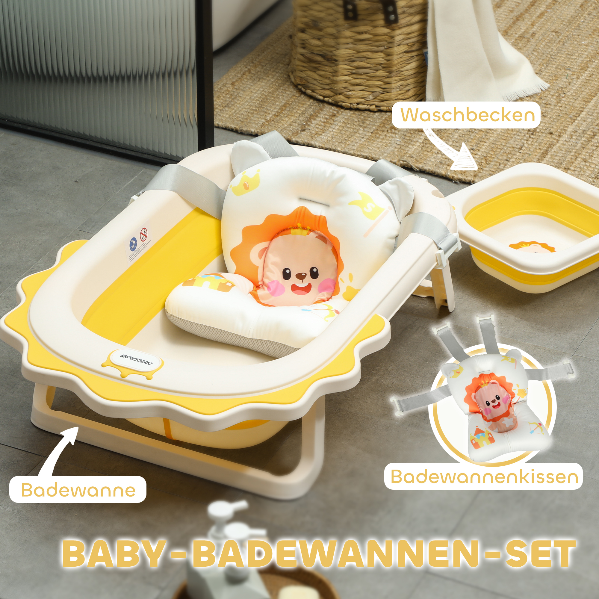 Babybadewanne mit Waschbecken, faltbar, rutschfester Boden, komfortables Badekissen, Gelb