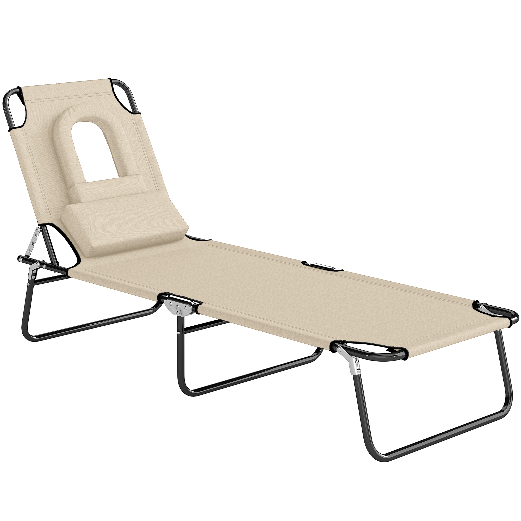 Sonnenliege mit Gesichtsloch & Kissen, klappbar, wasserabweisender Bezug, Metallrahmen, Beige