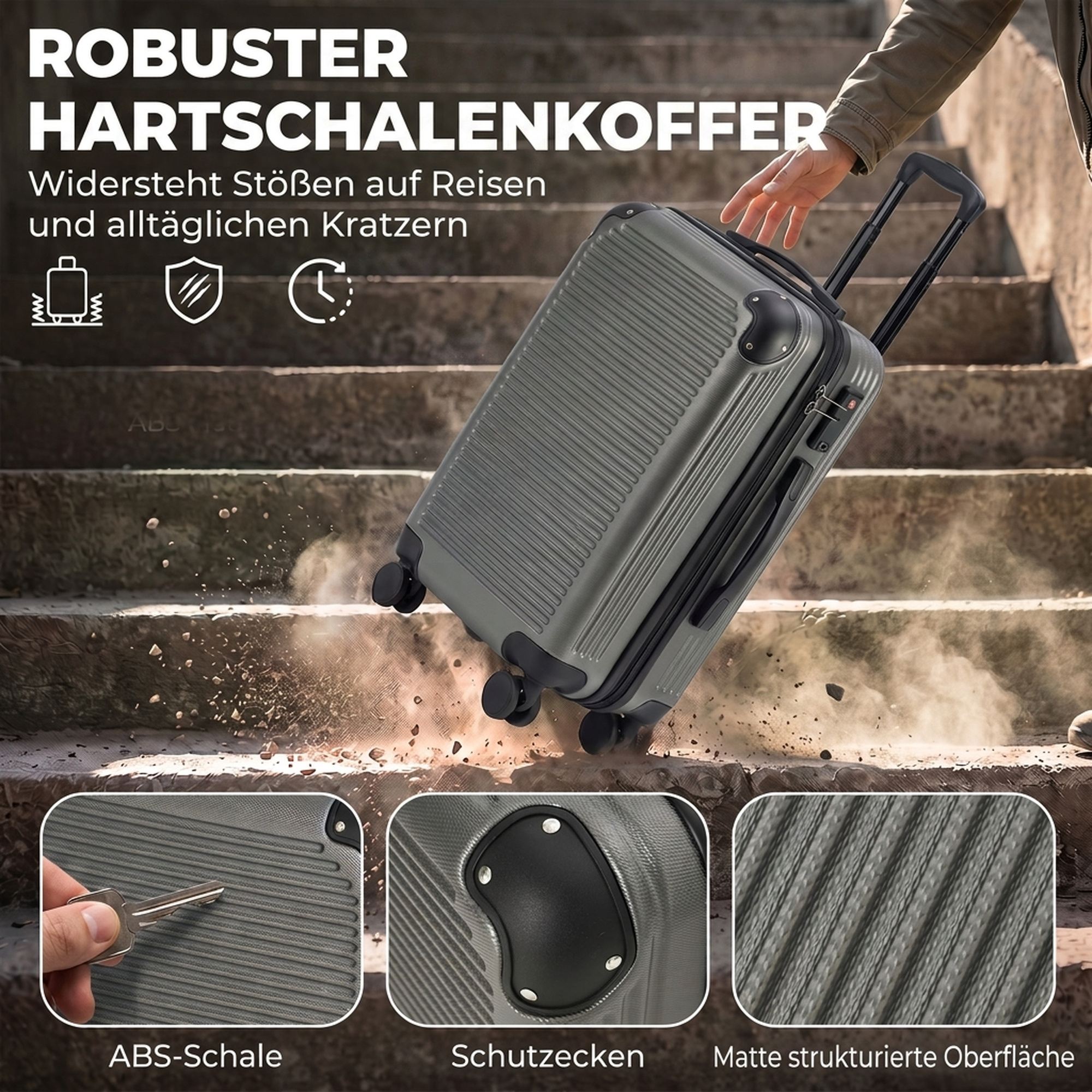 Handgepäck Koffer Hartschalen Reisekoffer mit 4 Rollen 56 cm Dunkelgrau