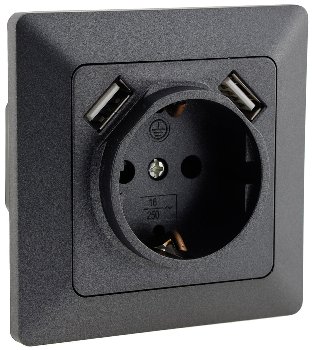 MILOS Schutzkontakt-Steckdose, Anthrazit - 250V~/ 16A, UP, 2x USB Buchse je 5V/1A MILOS Schutzkontakt-Steckdose, Anthrazit - 250V~/ 16A, UP, 2x USB Buchse je 5V/1A
