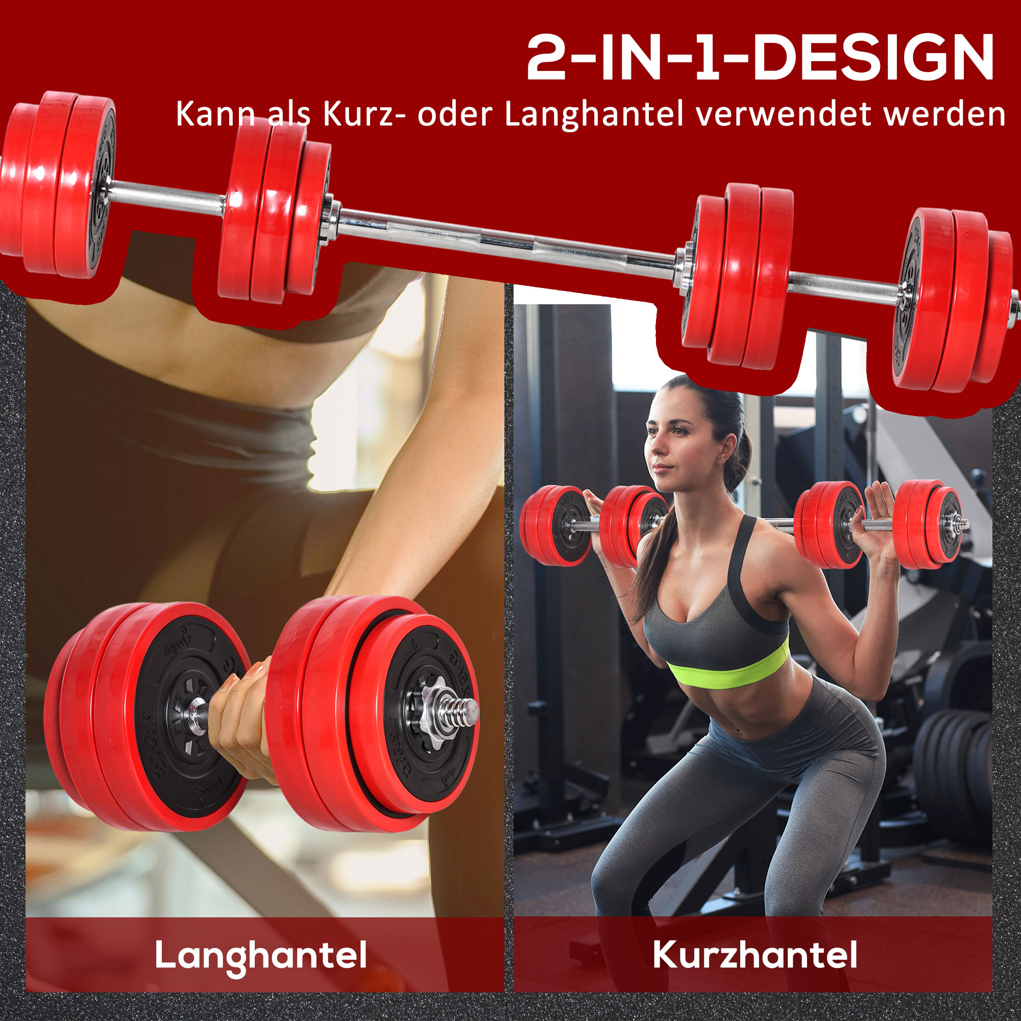 Hantelset 20/30KGS 2-IN-1 Hanteln&Langhanteln verstellbar Gewichtheben für Zuhause Fitness Muskel Stahl PP-Kunsstoff Eisen Sand Rot+Schwarz 21,5 x 21,5 x 3,8 cm