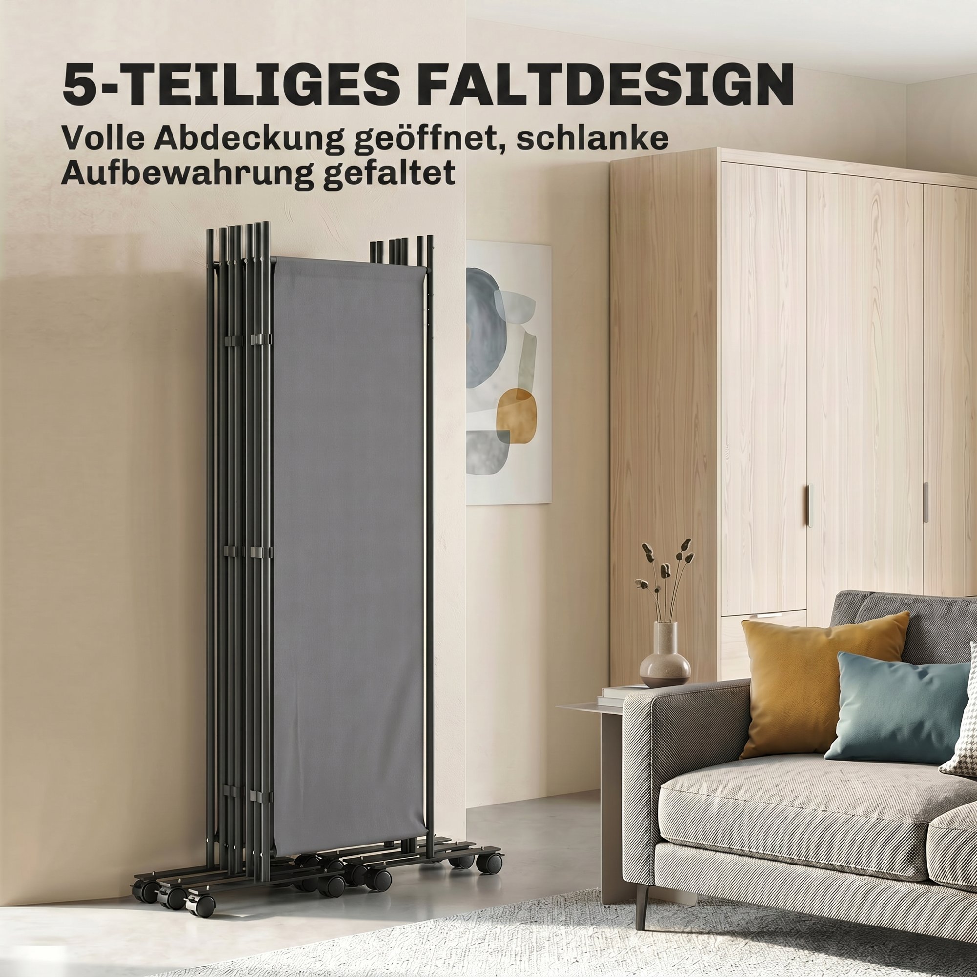Raumteiler 5-teilig 252 x 40 cm Freistehend Paravent mit 12 Rollen Klappbar Trennwand DIY Dunkelgrau