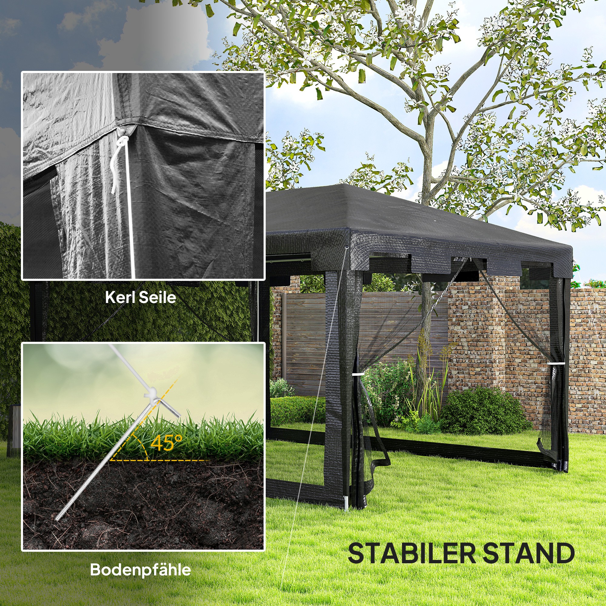 Pavillon Gartenzelt 3 x3 m Pavillon, wetterbeständig, faltbar, 395cm x 295cm x 255 cm, Schwarz