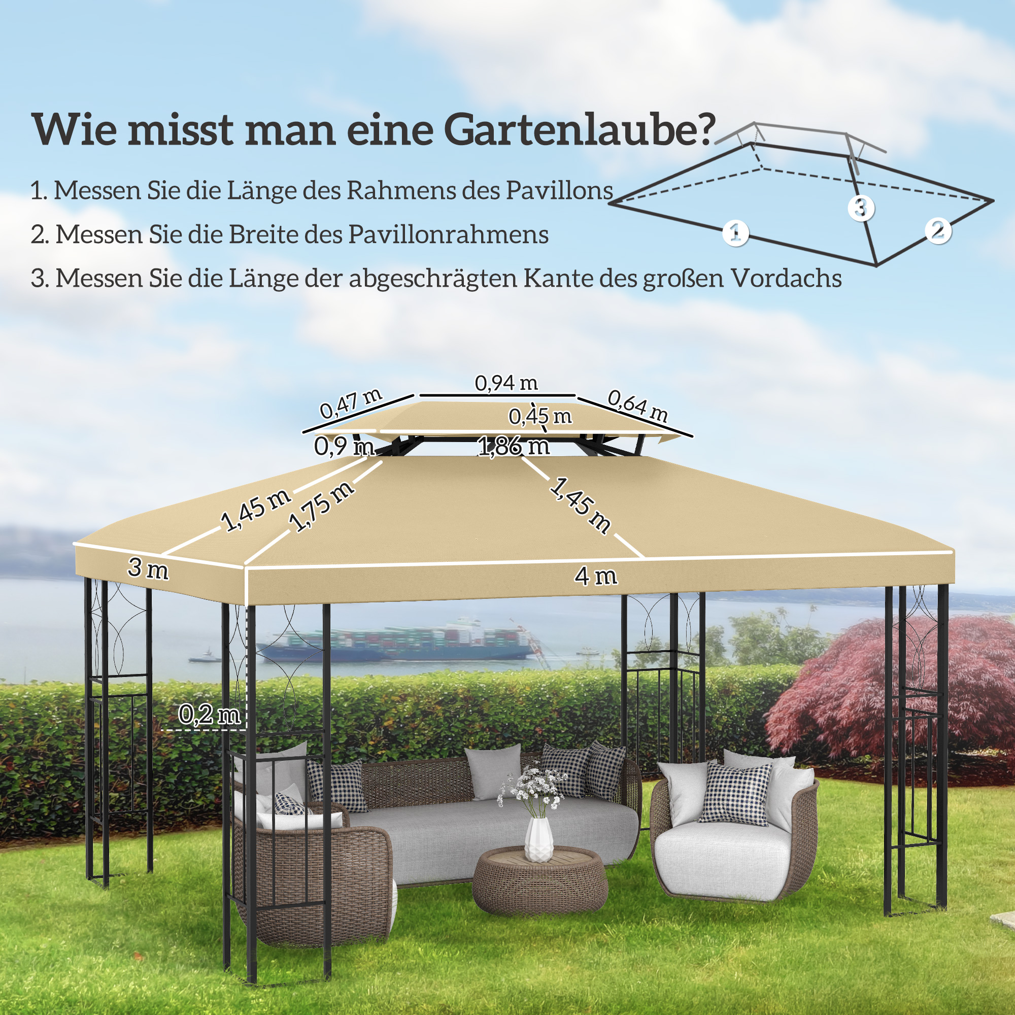 Ersatzdach für Pavillon 3 x 4 m wasserabweisend Pavillondach mit Doppeldach Beige