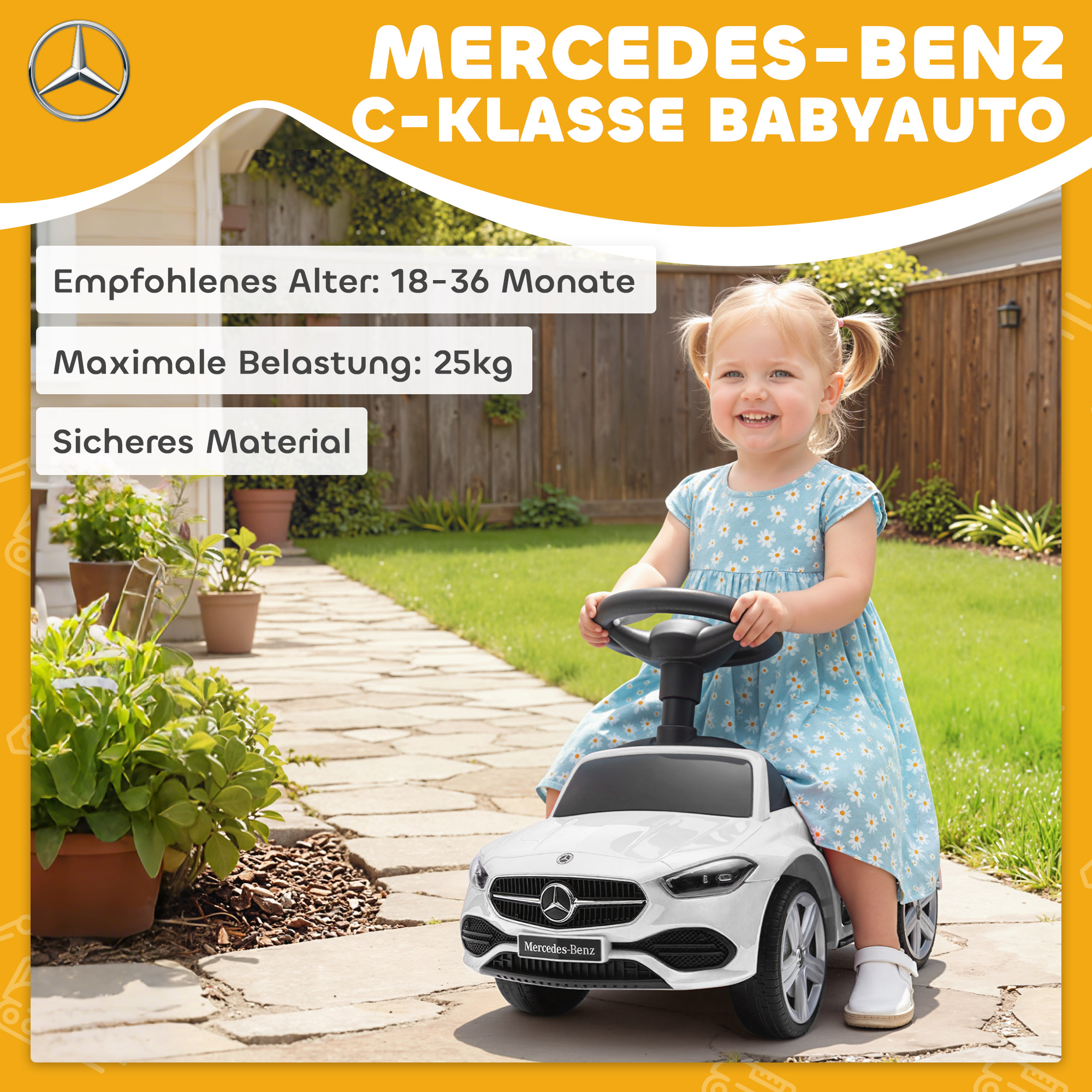 Mercedes-Benz C-Class Rutschauto mit Hupe, Motorgeräuschen, Stauraum, für Kinder 18-36 Monate, Weiß