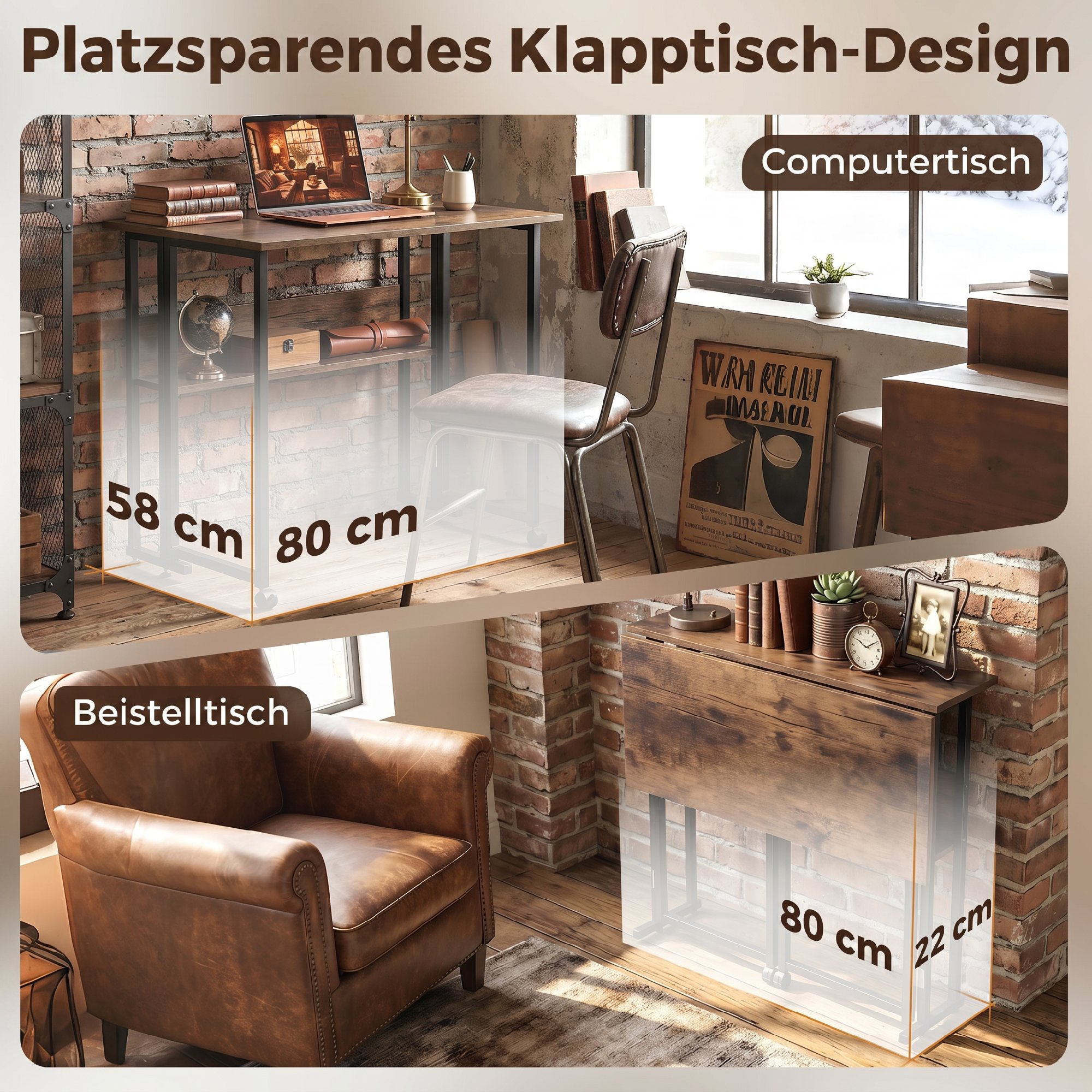 klappbarer Schreibtisch mit Ablagefach, 80 cm Klapptisch für kleine Räume, Büro, Rustikales Braun