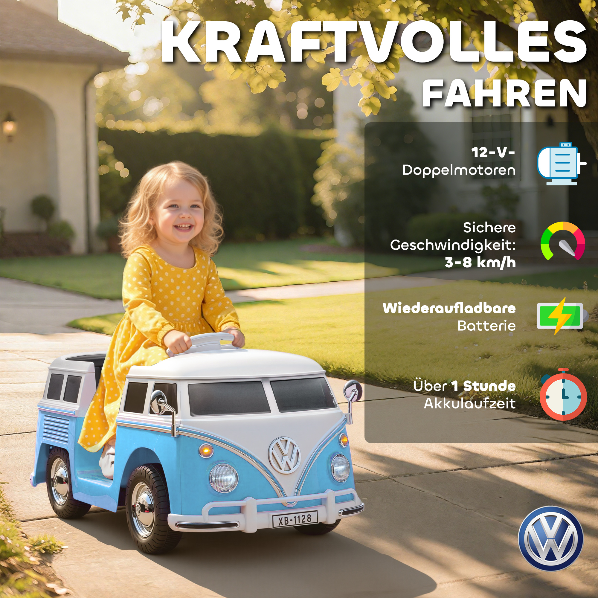 Kinderfahrzeug VW-Bus, 2 Motoren, blau