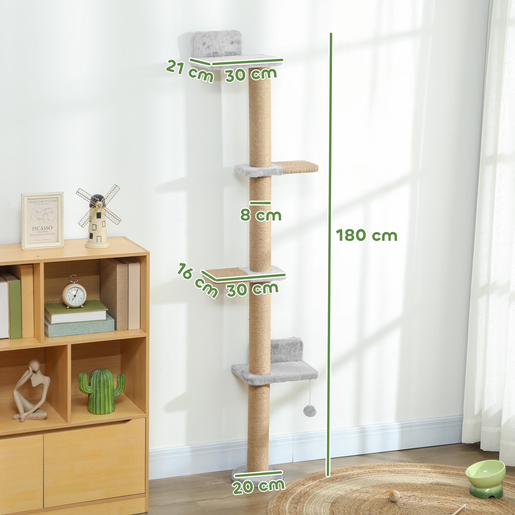 Katzenkratzbaum, 5-stufiges Design, Spielzeug, Sisalpfosten, Plüschstoff, Hellgrau