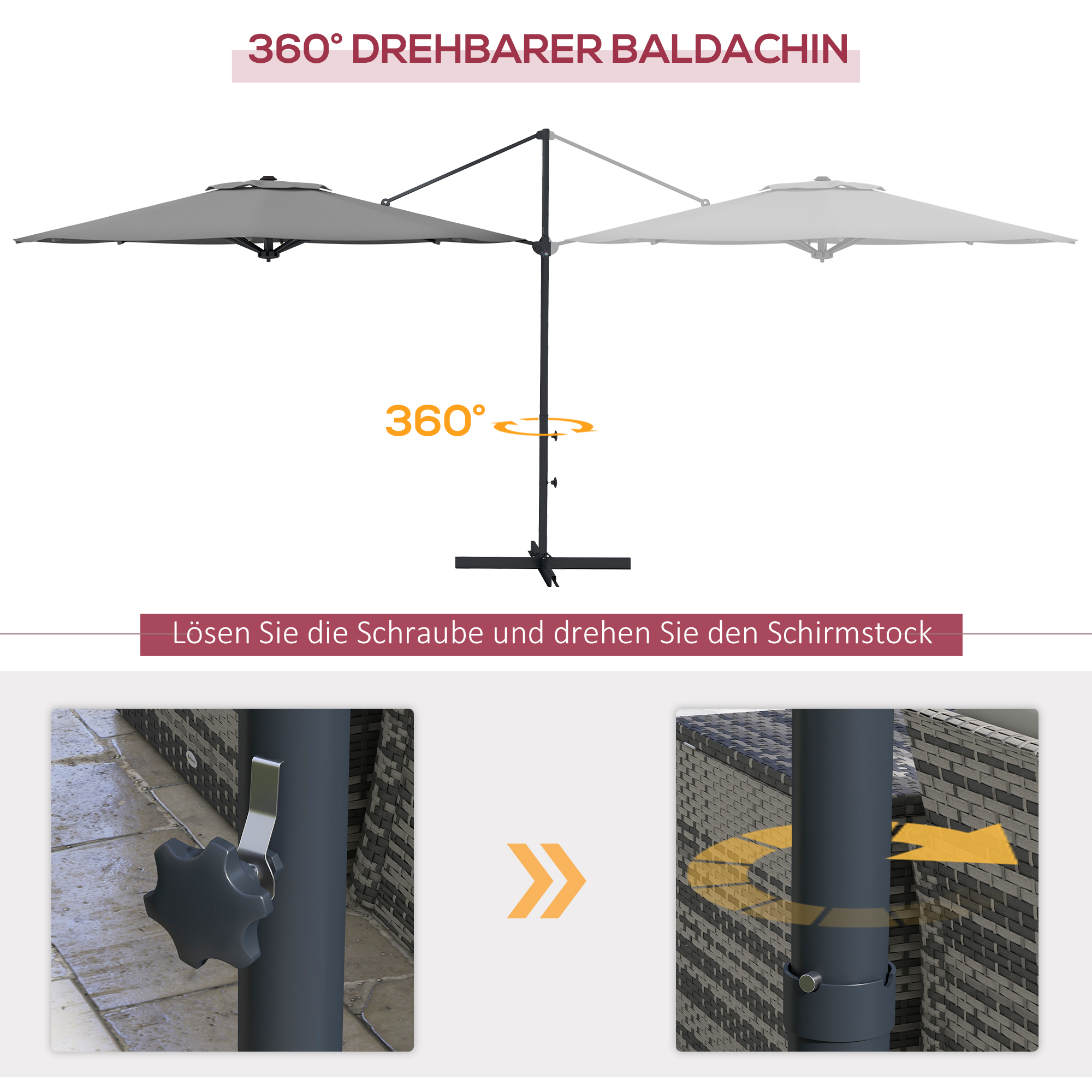 Ø3 m Ampelschirm, neigbar, drehbar, Handkurbel, Windhaube, Metallmast, Dunkelgrau