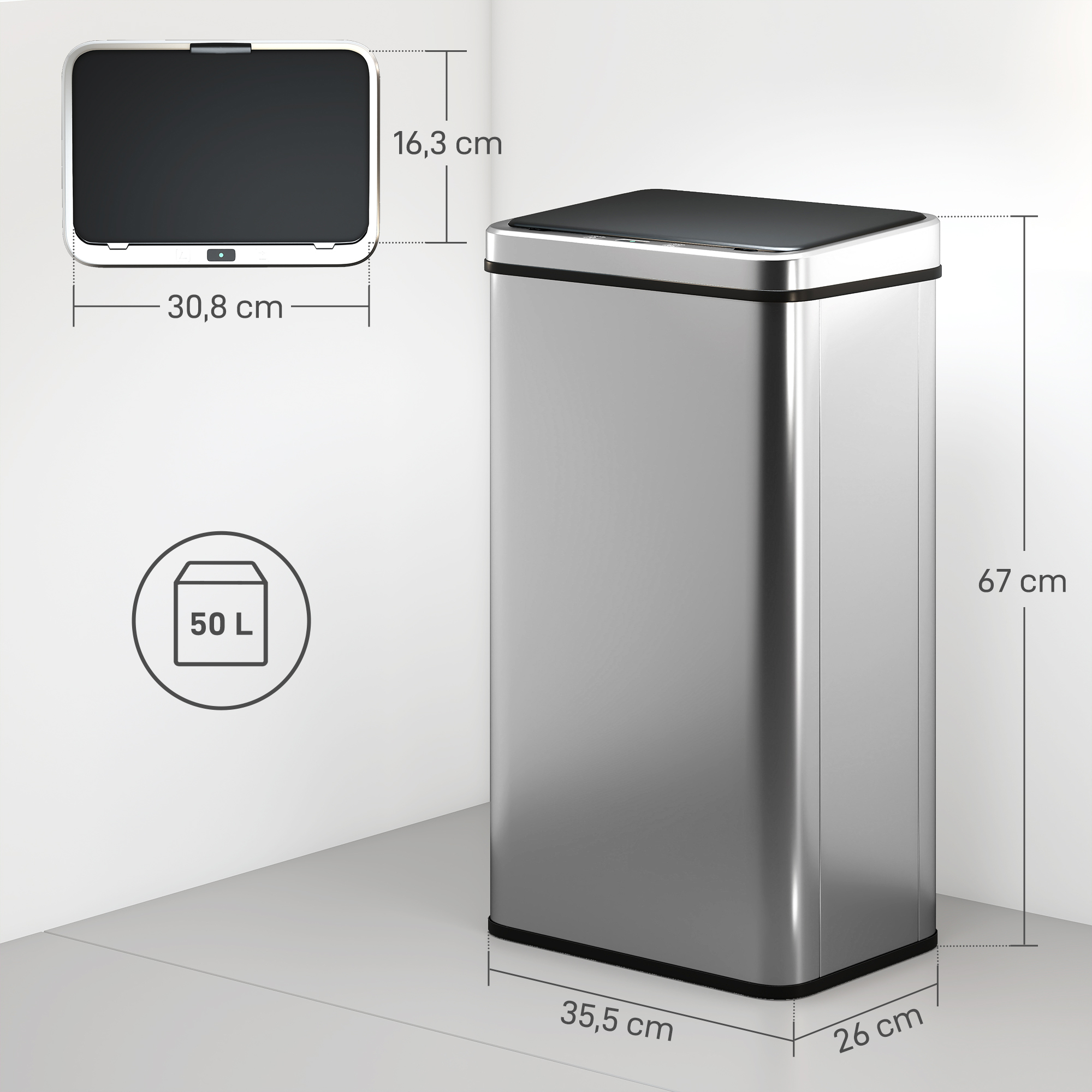 Sensor Mülleimer 50L Edelstahl Automatischer Mülleimer mit Soft-Close-Deckel Bewegungssensor 35,5 x 26 x 67 cm Silber