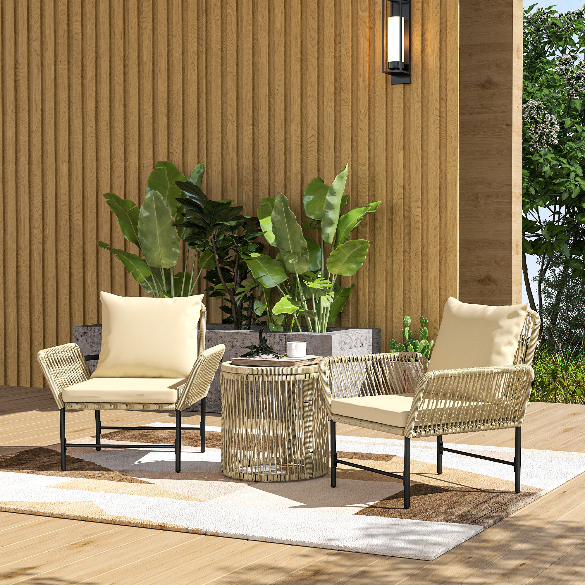 Polyrattan Gartenmöbel Set, Outdoor Balkonmöbel für 2 Personen, 3-teilig mit 2 Stühle, Beistelltisch Sitzkissen