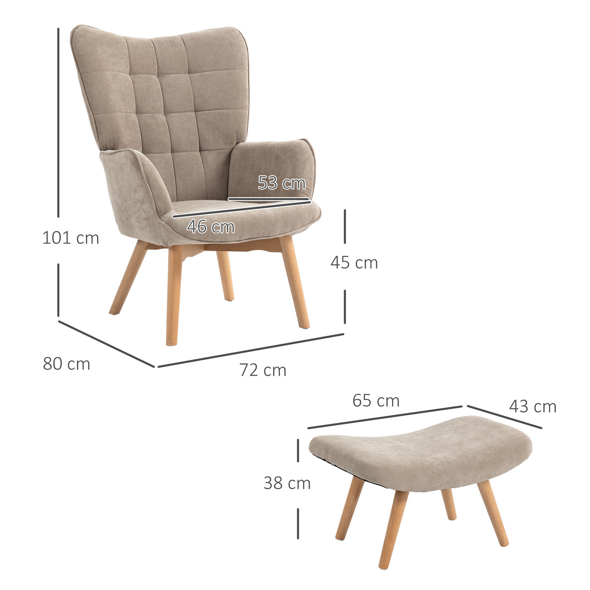 Akzentsessel mit Hocker, Relaxsessel in Cord-Optik, Armlehnstuhl mit Holzbeinen, für Wohnzimmer, Hellbraun