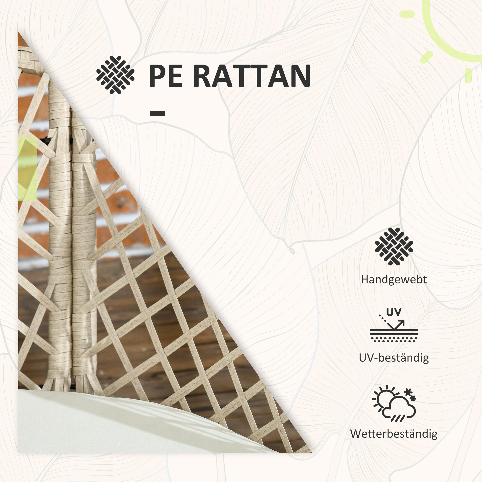 Rattan Gartenmöbel-Set, 2 Stühle und Tisch, Hartglas-Tischplatte, PE-Rattan, Sitzauflagen, Metallrahmen, Khaki
