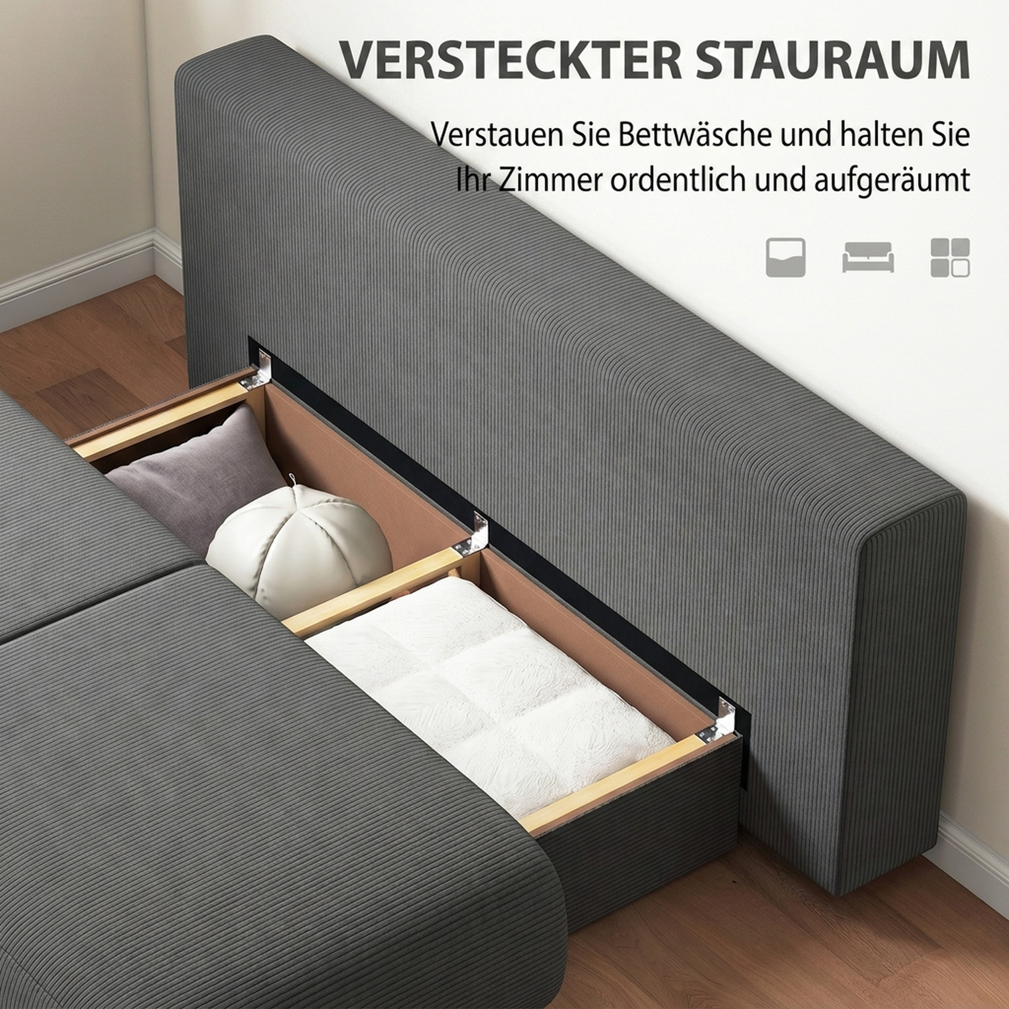 Schlafsofa mit verstellbarer Rückenlehne, Bettfunktion, verstecktem Stauraum und Cordbezug, Grau
