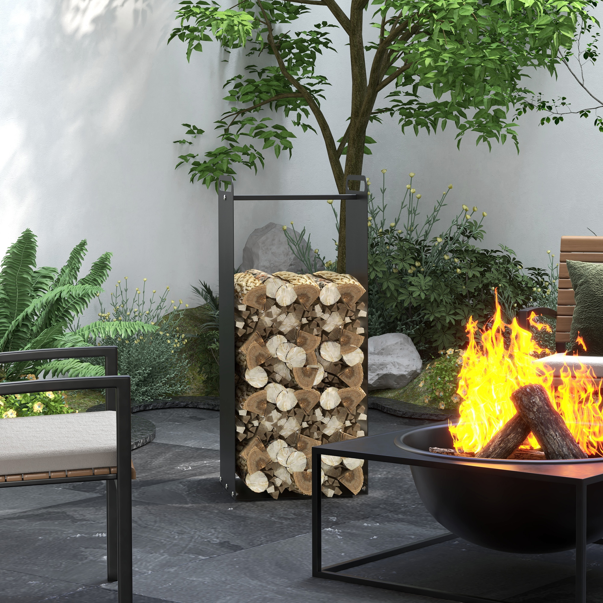Feuerholzgestell, 2 Tragegriffe, Stahlrahmen, bis 30kg, 37x30x90cm, Schwarz