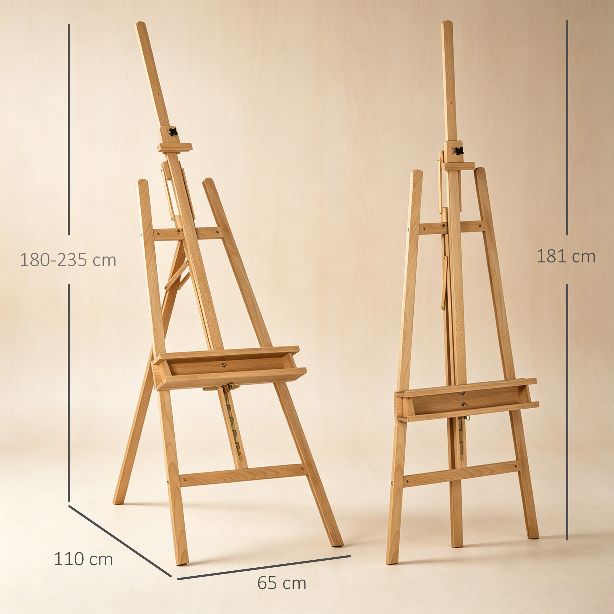 Staffelei, Holzstaffelei, höhenverstellbar, klappbar, Stiftablage, Buchenholz, 65 x 110 x 180-235 cm