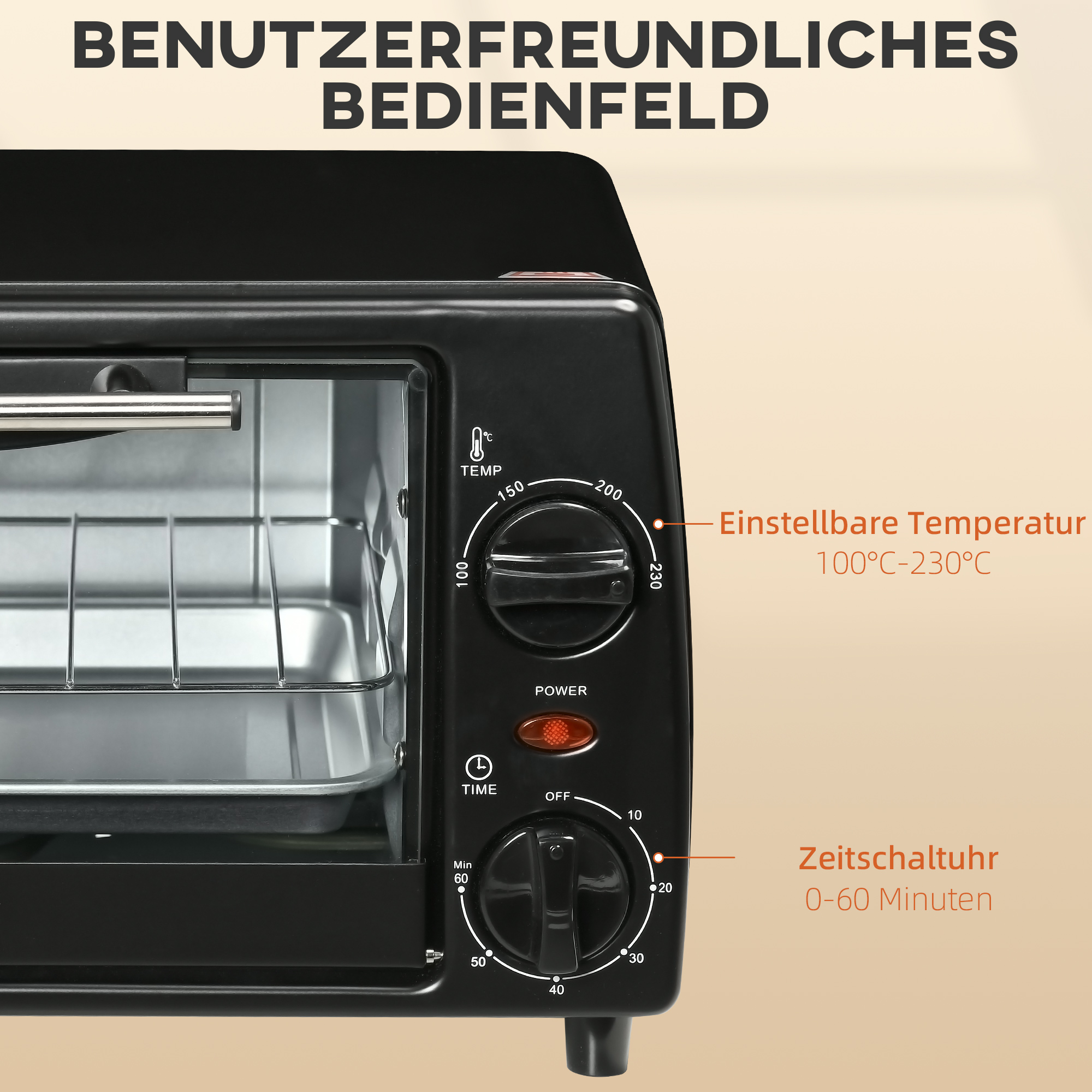 Mini-Ofen Toasterofen, 1 Backblech, 1 Grilrost, 10 L Kapazität, Timer-Funktion, 36.5 cm x 26 cm x 22 cm, Schwarz