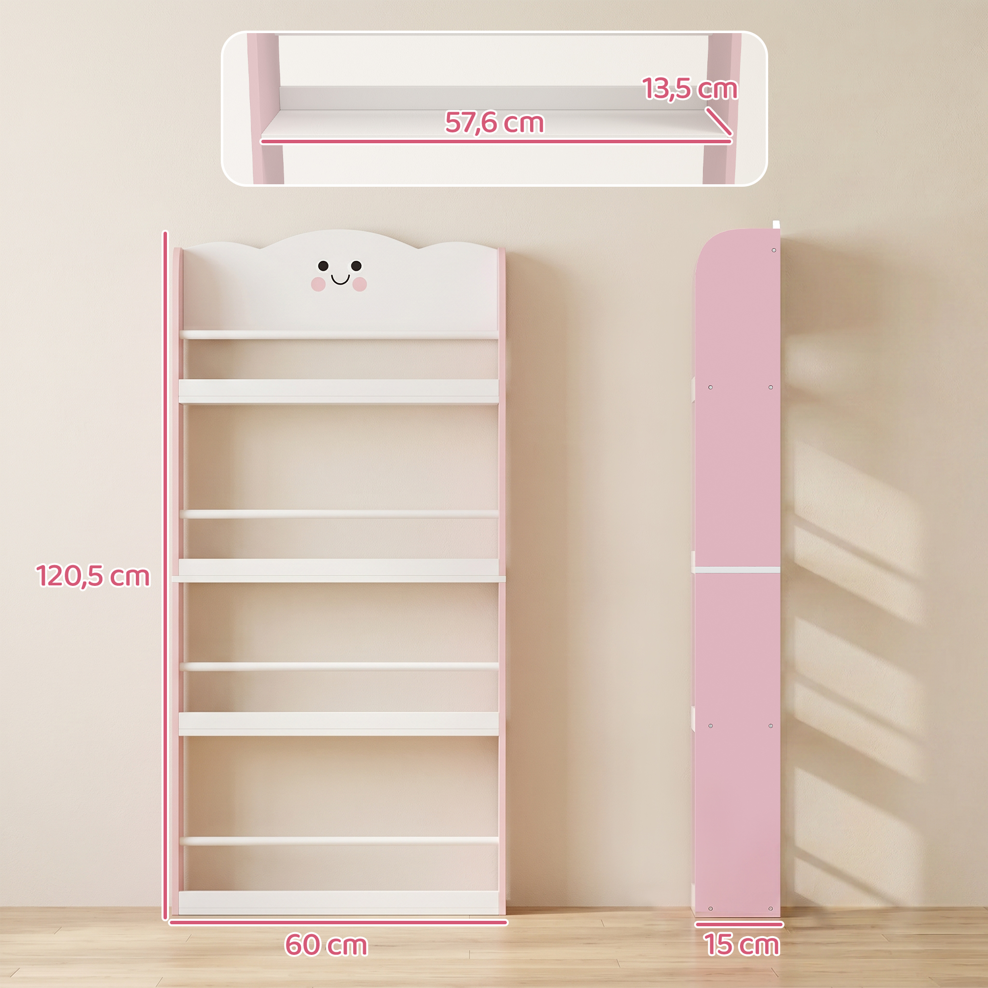 Kinderbücherregal mit 4 Etagen, Wandmontiertes Bücherregal für Kinderzimmer, Spielzimmer, Wohnzimmer, Rosa