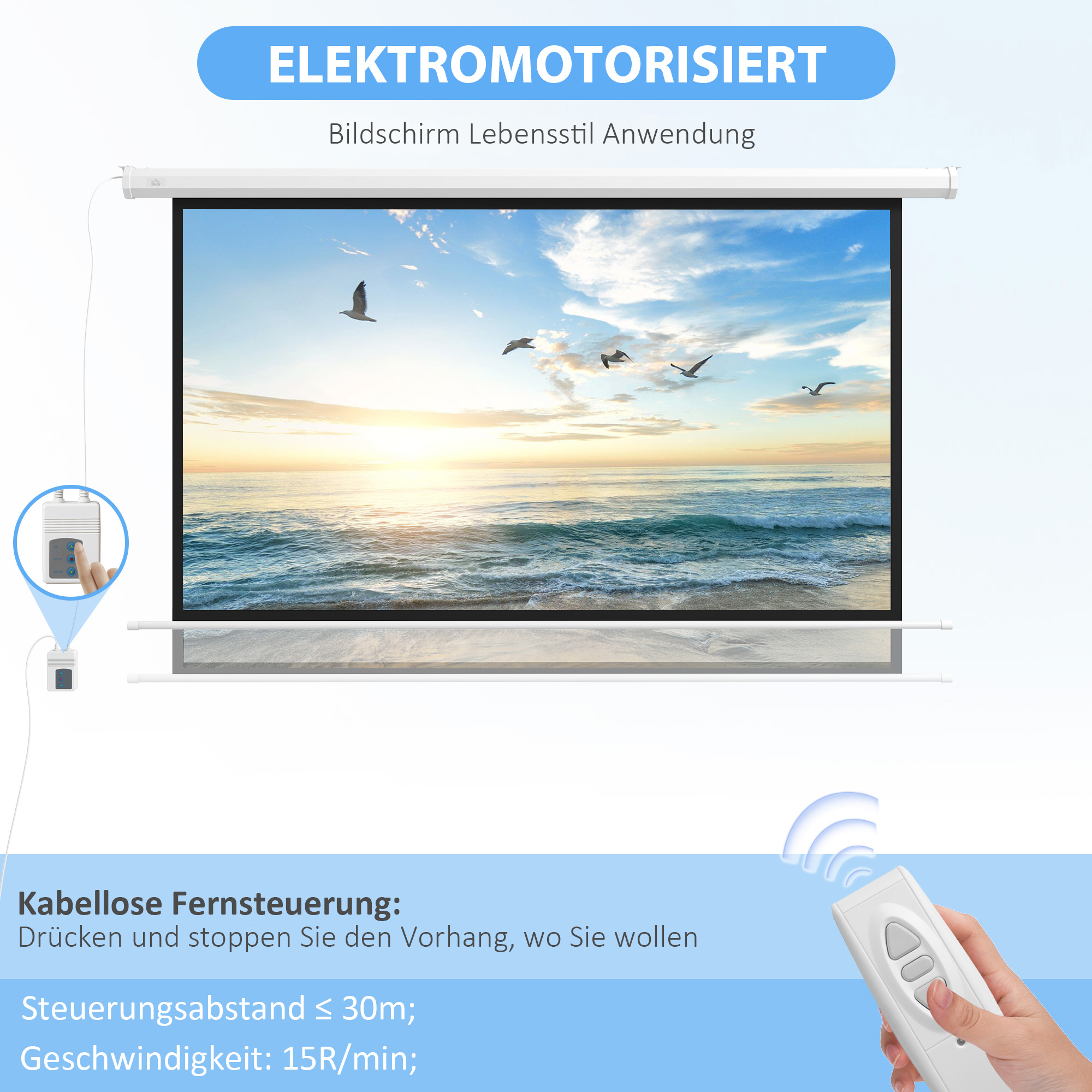 Beamer-Leinwand, Projektionsleinwand, 16:9, 84 Zoll, Fernbedienung, Motor