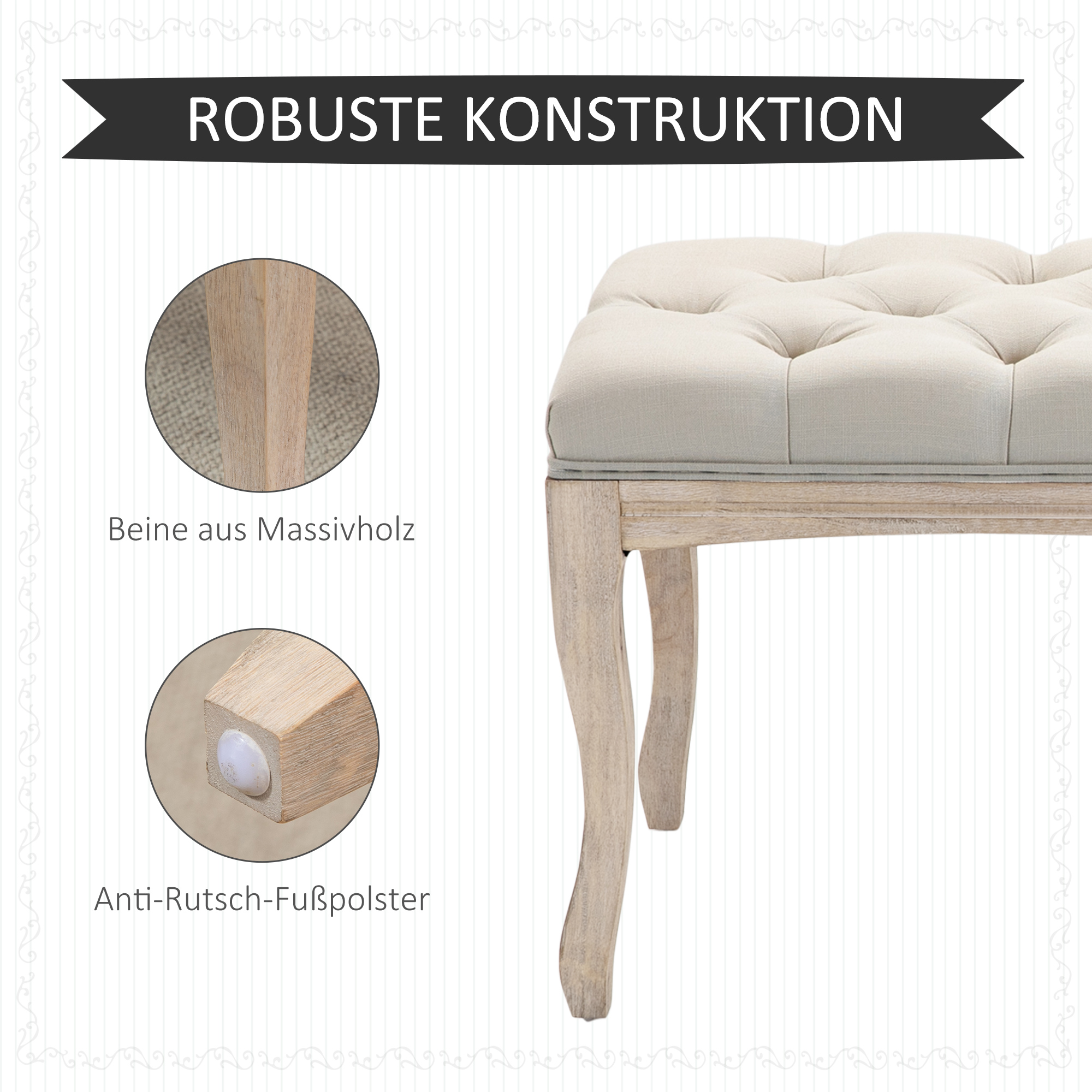 Sitzbank Polsterbank mit Leinen-Bezug Bettbank mit Holzrahmen, Schuhbank für Schlafzimmer, Wohnzimmer, Flur 110 x 40 x 48 cm Beige