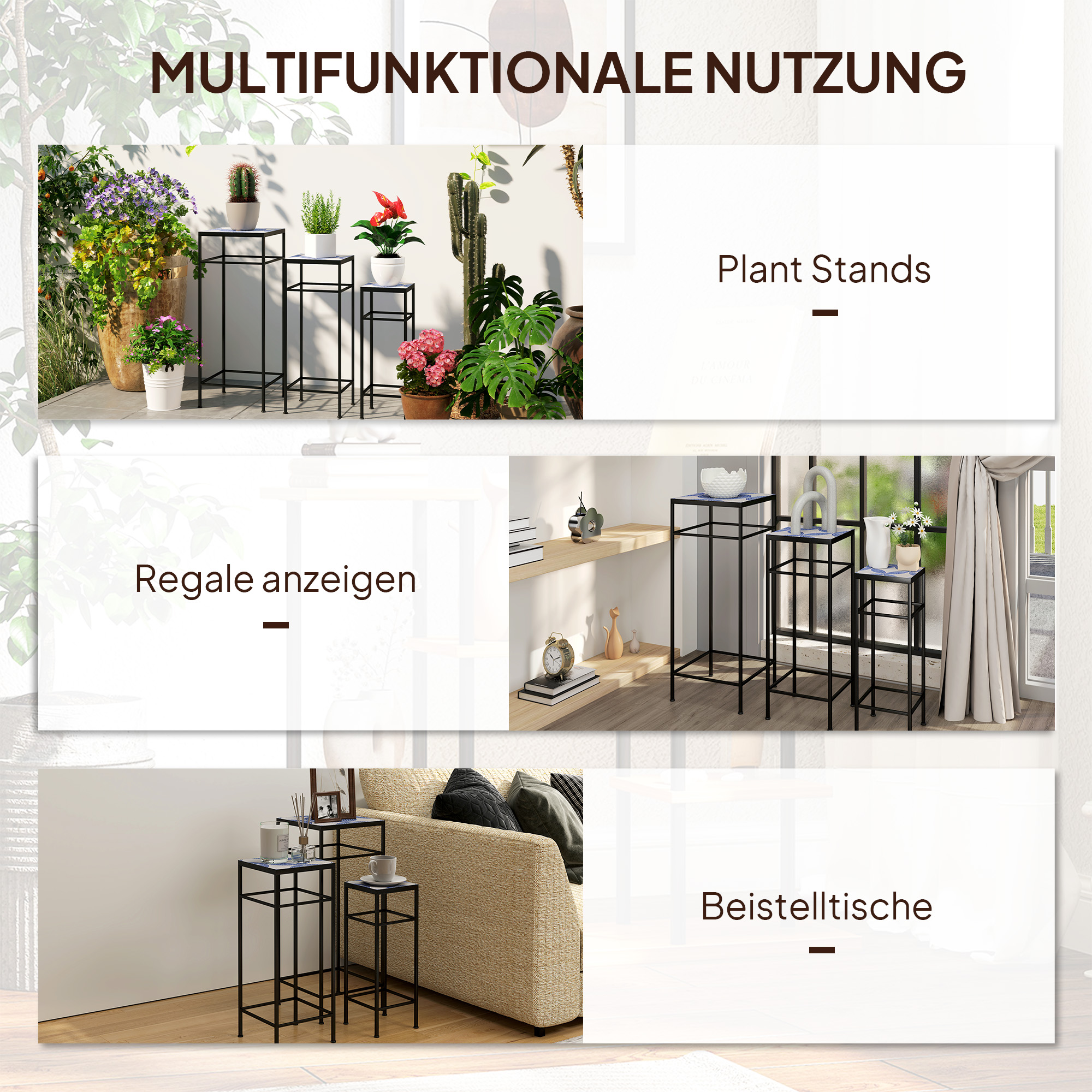 3er-Set Pflanzenständer, 3 verschieden große Gestelle zum Präsentieren von Blumen und anderen Gegenständen, Blau+Weiß