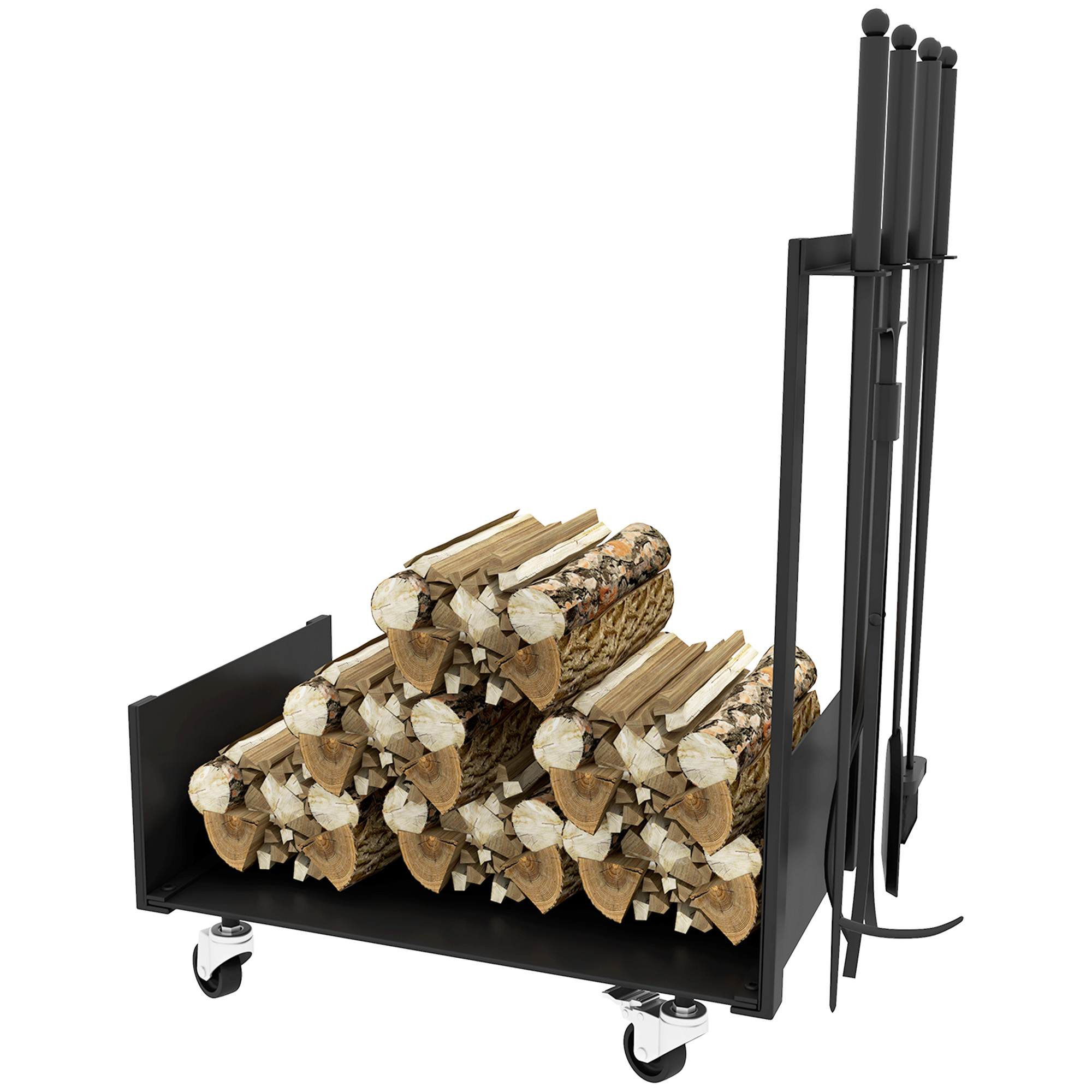 Feuerholzgestell mit Rädern, viel Zubehör, Metallrahmen, bis 60 kg, 48 x 30 x 76 cm, Schwarz