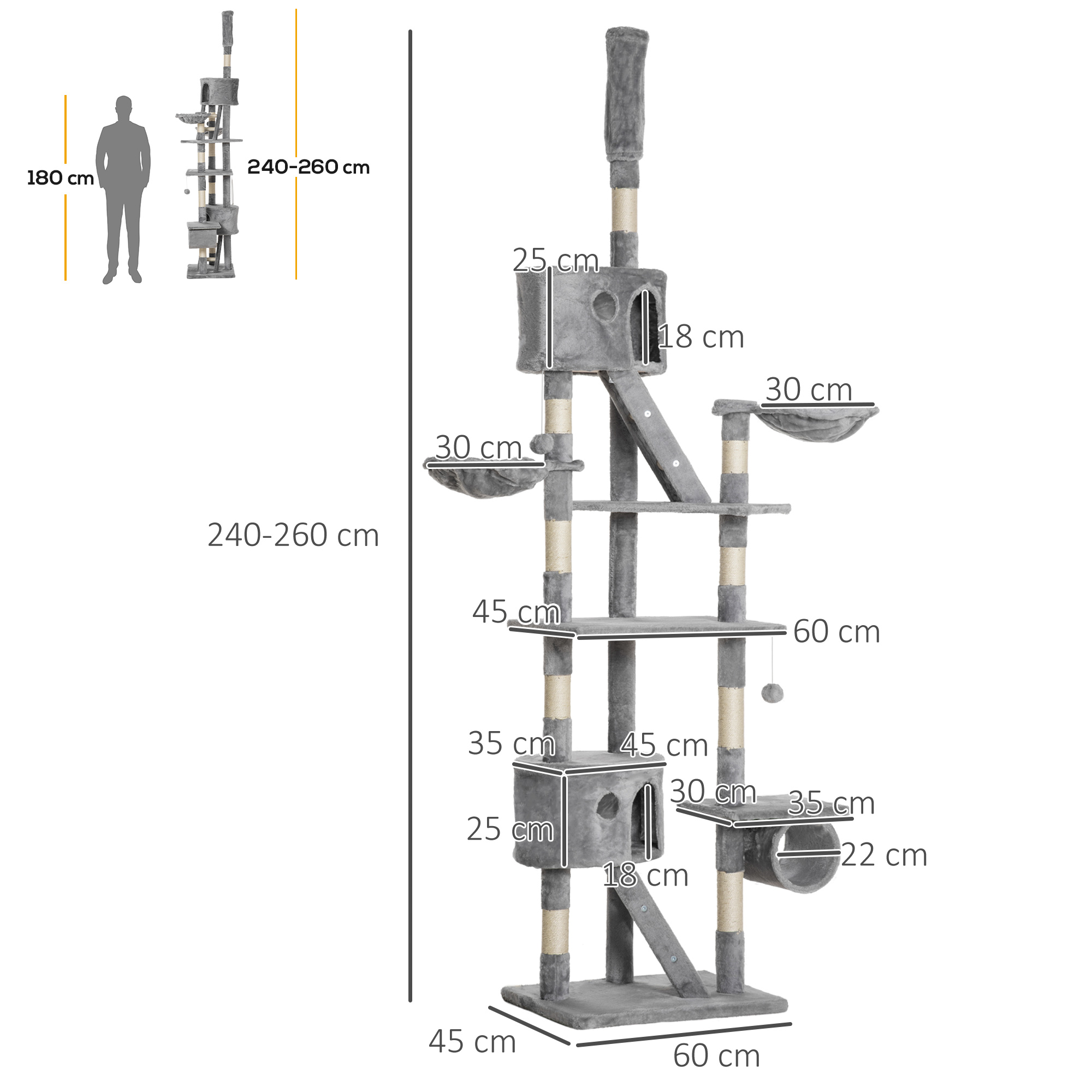 Katzenkratzbaum 240-260 cm Deckenhoch Kratzbaum groß Kletterbaum Katze Kratzbaum für große Katzen mit Sisalseil Hellgrau