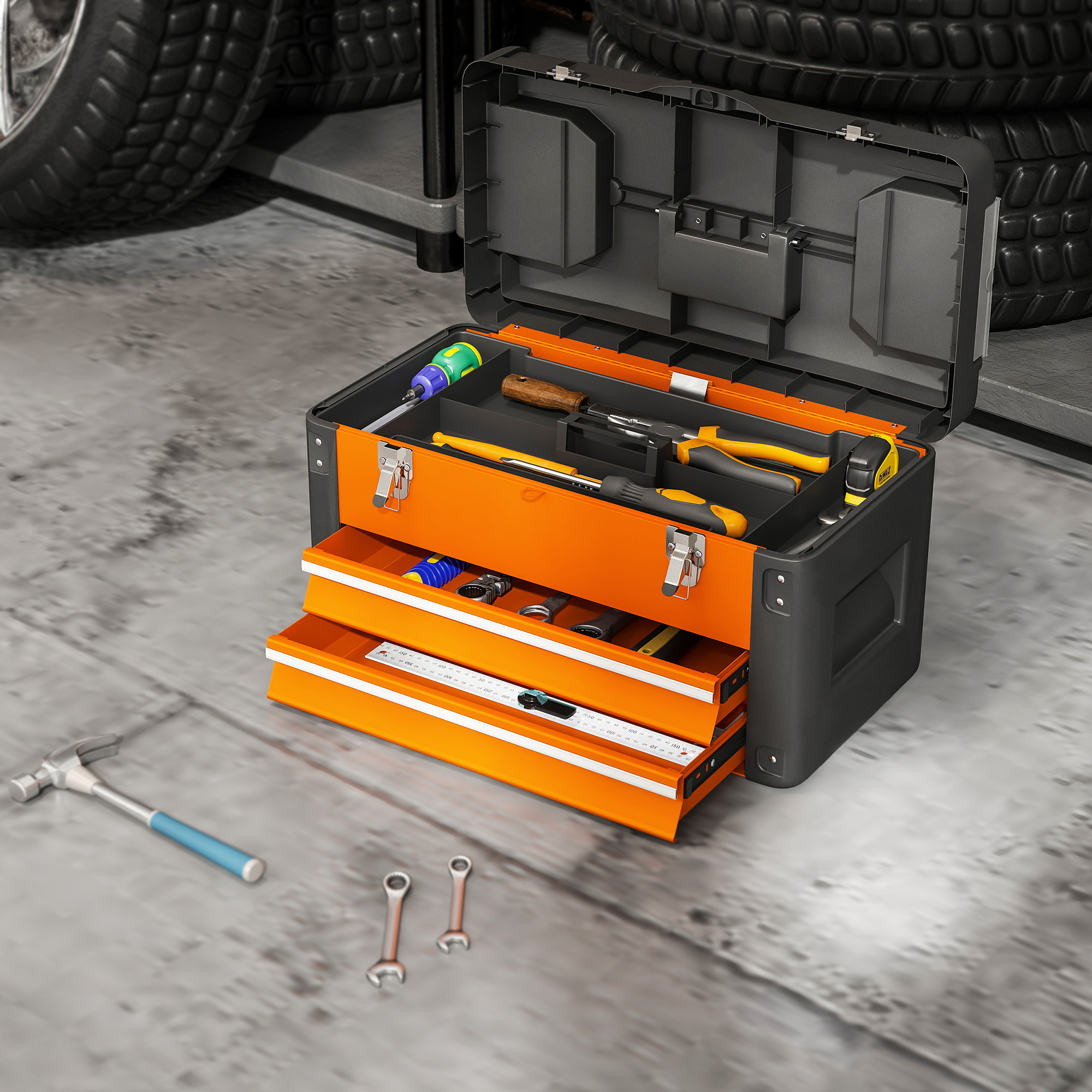 Werkzeugkiste leer, 49,7 x 25,3 x 28,9 cm Werkzeugkasten mit Schublade, Mini-Box Stahl Orange