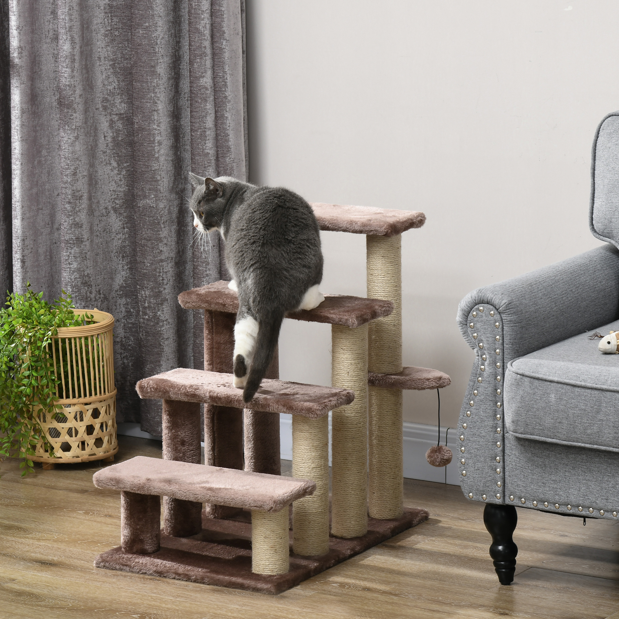 Haustiertreppe, Kratzbaum, 4-stufig, für Tiere bis 5 kg, 60x40x64cm, Braun