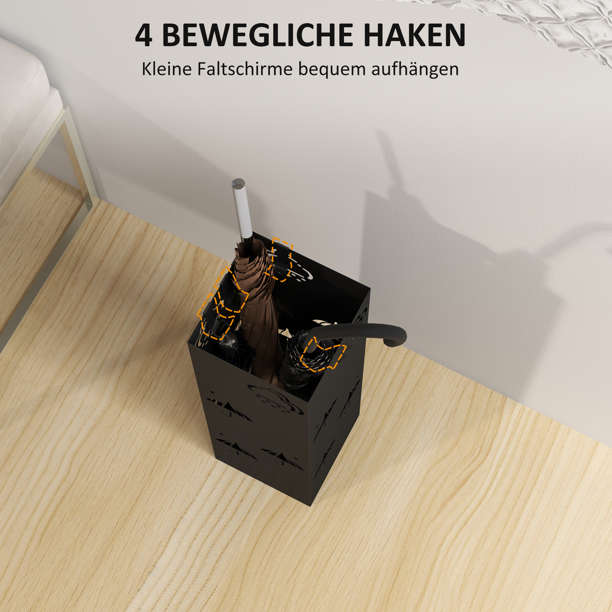 Schirmständer aus Metall, 4 Haken, Wolken- und Schirmmuster, Tropfblech, Schwarz