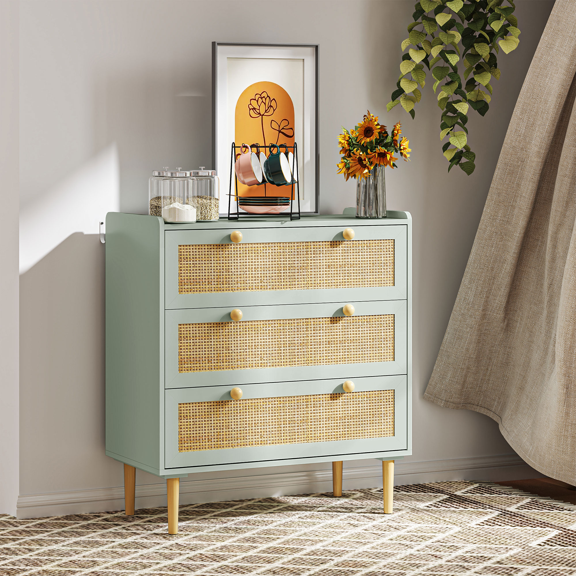 Schlafzimmer-Kommode mit 3 Schubladen, Rattan-Fronten, Kleiderkommode für Flur, Eingangsbereich, MDF, Grün