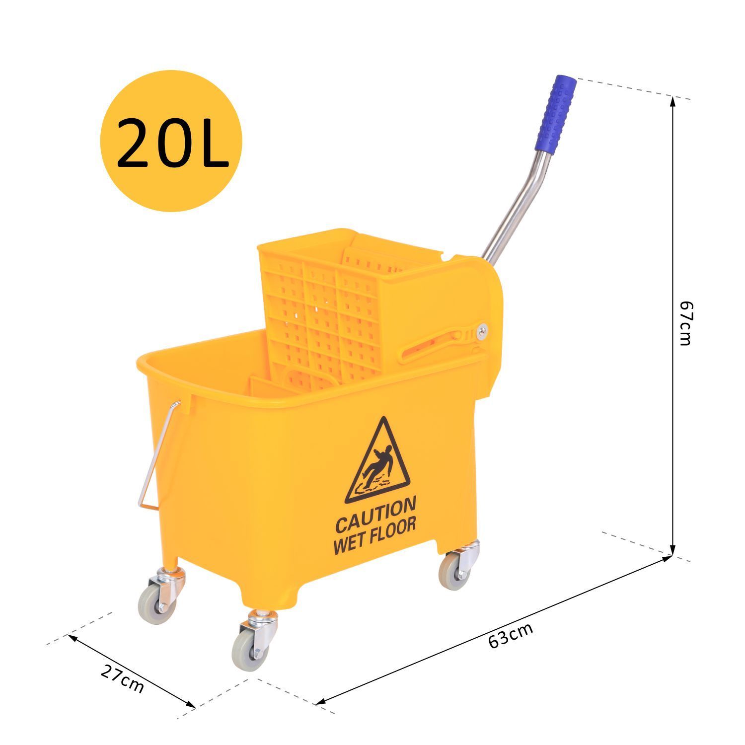 20 L Mopp-Eimer mit Auswringer und Griff, Wischmopp-Eimer auf Rädern, Kunststoff, Gelb