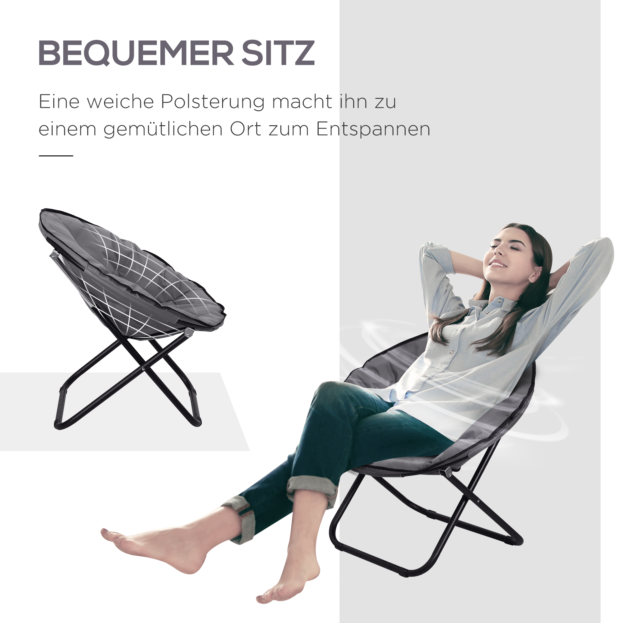 Campingstuhl Faltbar Campingsessel mit Lehne, Klappstuhl bis 120kg, gepolstert Moonchair Extra Breit, Faltsessel Outdoor Stuhl für Garten, Balkon, Camping, Grau