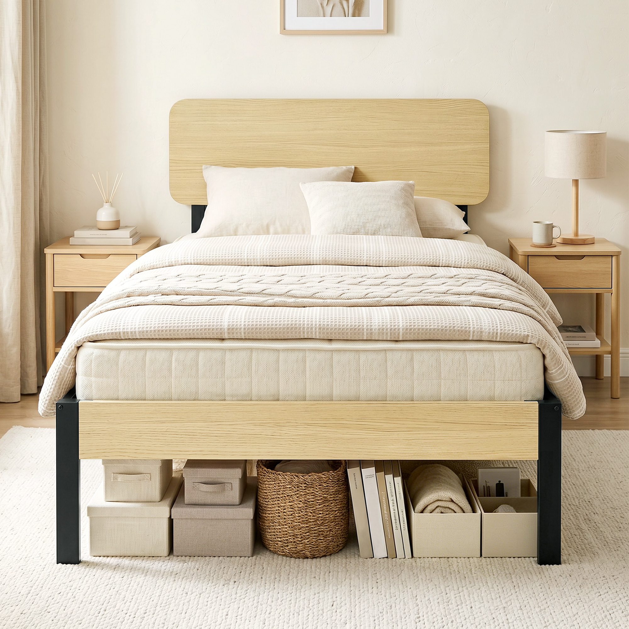 Bettgestell 90 x 200 cm mit Kopfteil, Plattformbett, Einzelbett mit Stauraum unter dem Bett