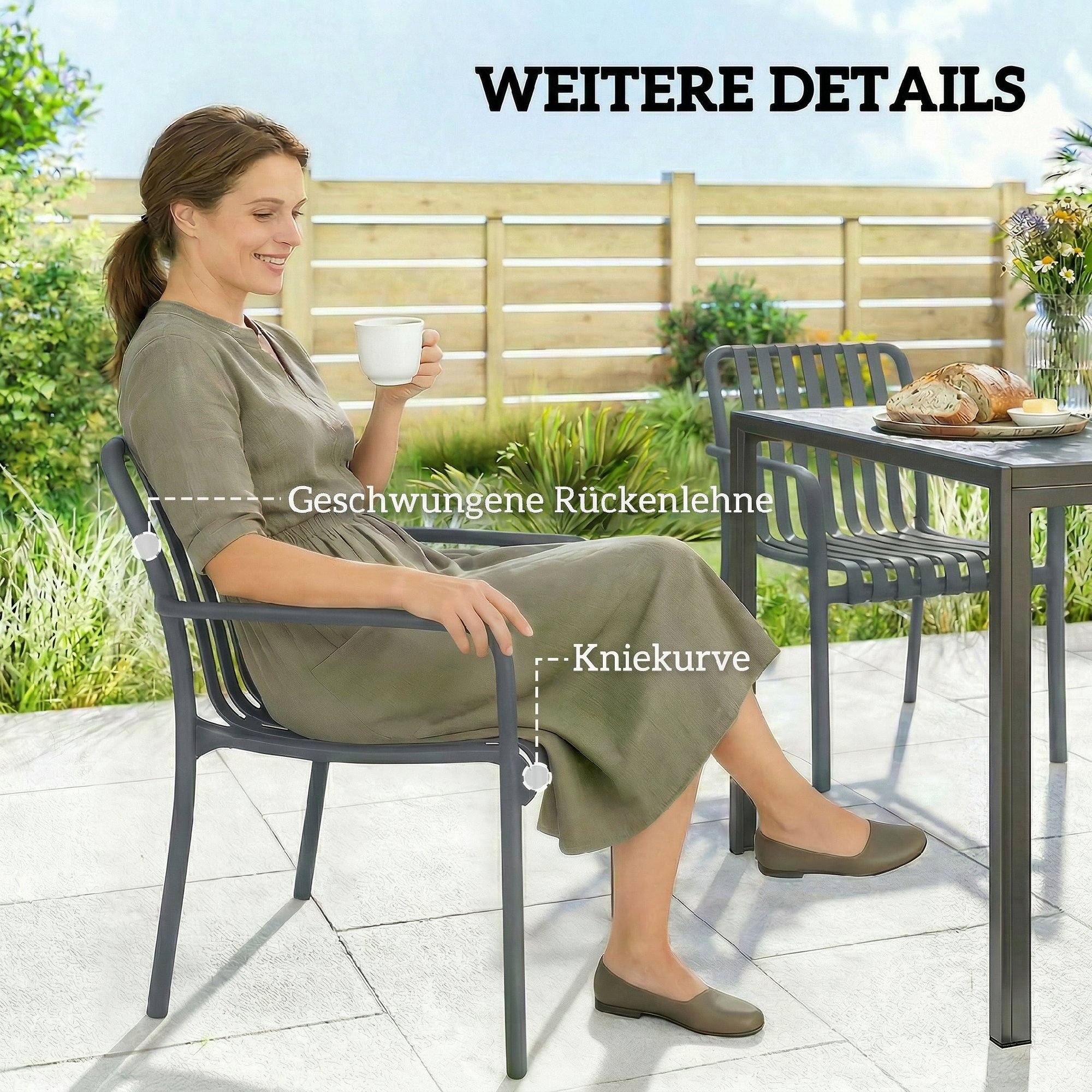 Gartenstühle 4er Set Stapelbare Terrassenstühle mit Lamelldesign Armlehnen, Ergonomisch Dunkelgrau
