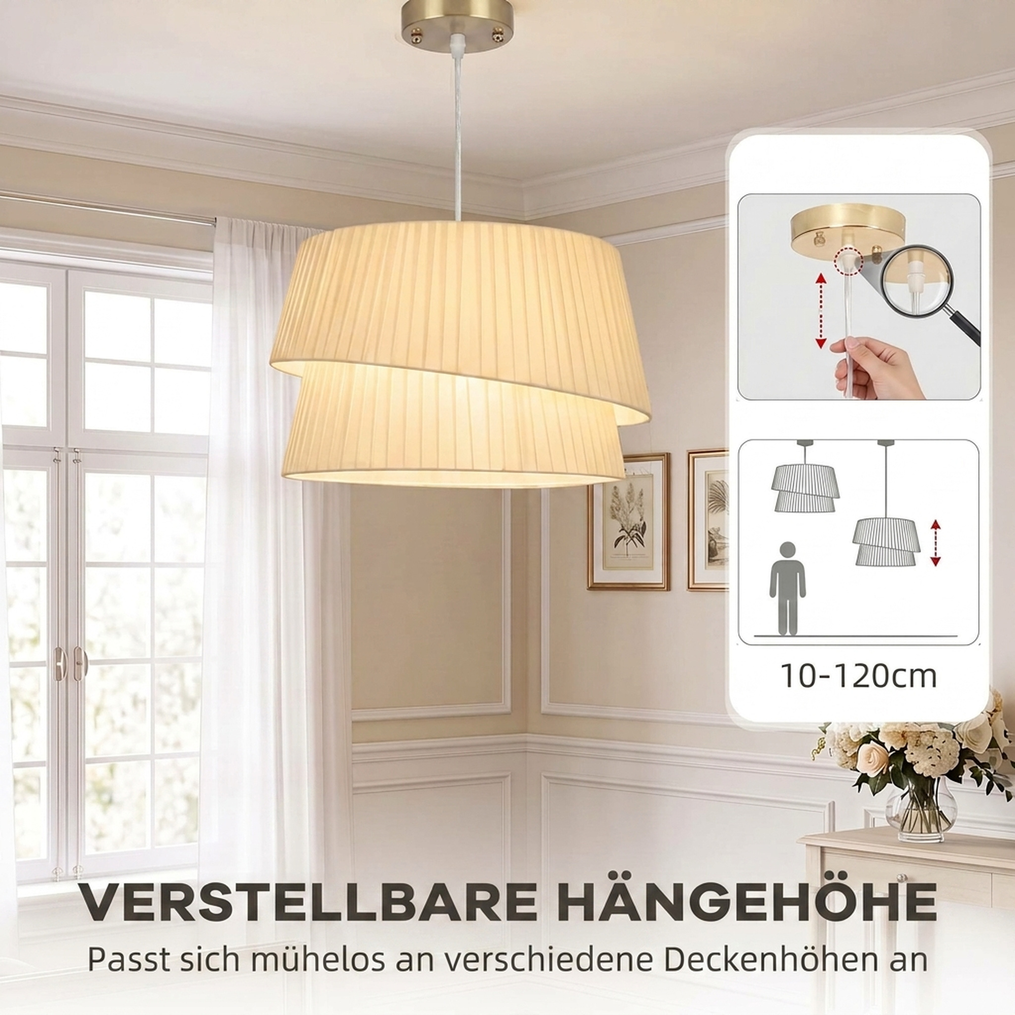 Pendelleuchte mit doppeltem Schirm, höhenverstellbar, für Wohnzimmer, Weiß