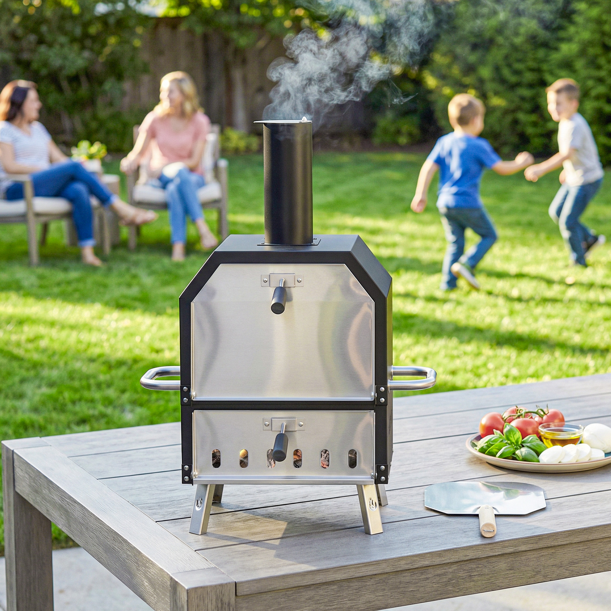 Outdoor Pizzaofen Holzbefeuerter Pizza Ofen Edelstahl 2 Ebene Backofen mit 1cm dick Pizzastein Klappbein
