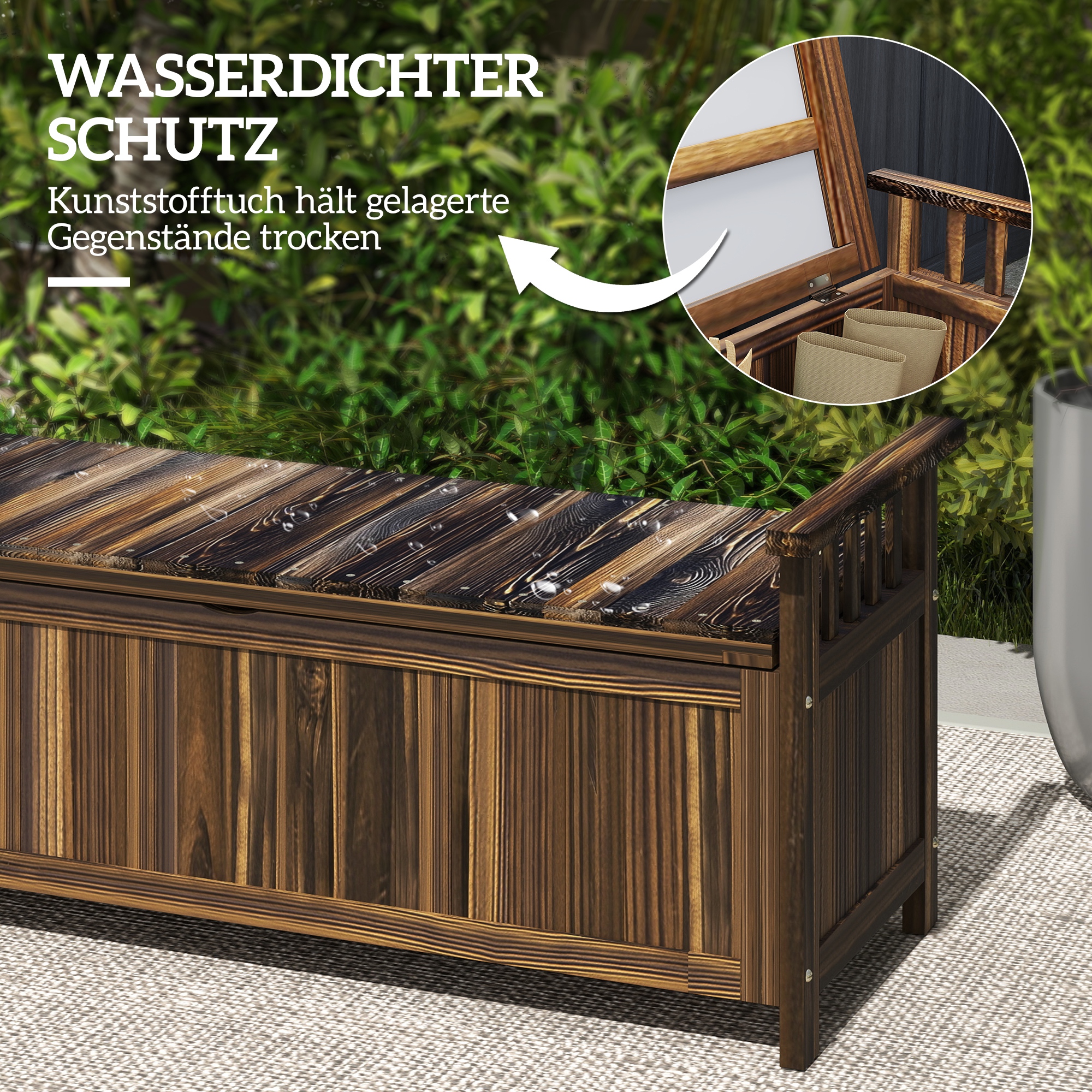 2-Sitzer Gartenbank Holz, wetterfest Sitzbank, Gartenmöbel mit Stauraum Armlehnen 128,5 x 52 x 53,5cm, Verkohlt