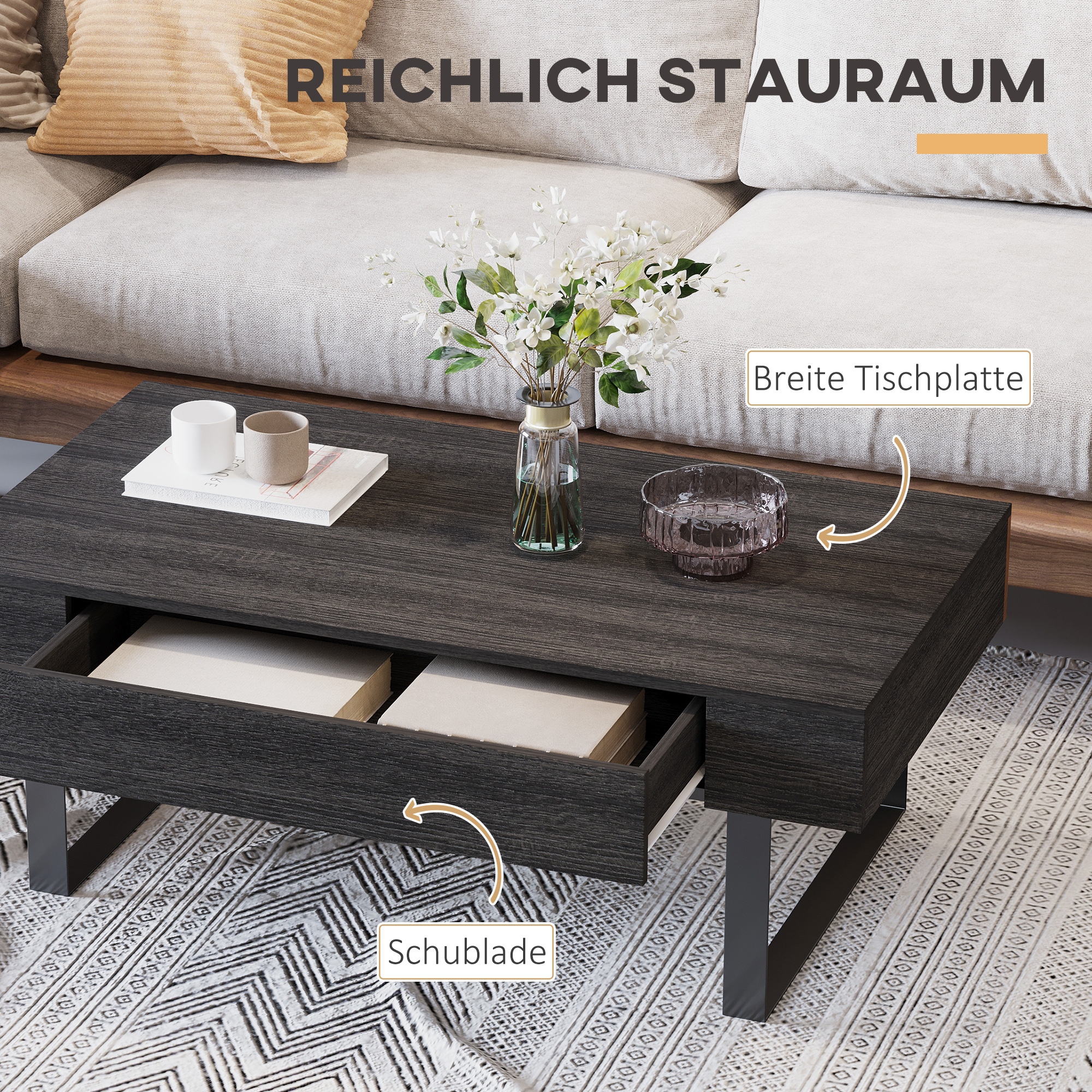 Couchtisch Wohnzimmertisch mit Schublade Modern Sofatisch mit Metallrahmen Beistelltisch Kaffeetisch für Wohnzimmer 110 x 60 x 40 cm, Dunkelgrau