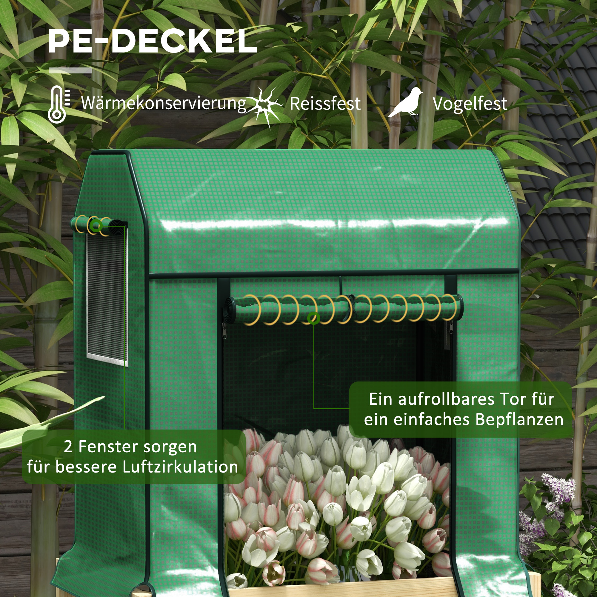 2-in-1 Hochbeet Pflanzenkasten Frühbeet Gewächshaus, 86  cm x 60cm x 165 cm, Natur + Grün