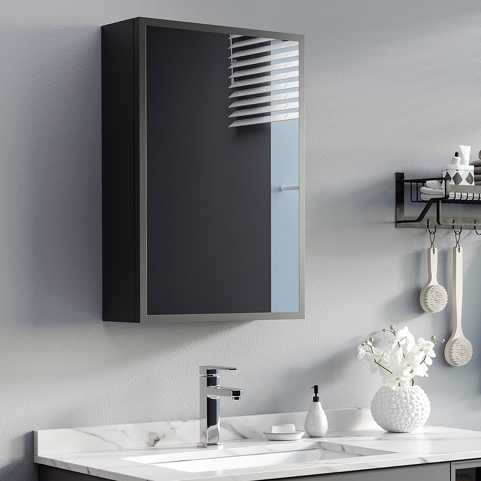 Spiegelschrank, 3 Regalfächer, weiche Scharniere, Stahlgehäuse, schwarz, 40 x 15 x 60 cm