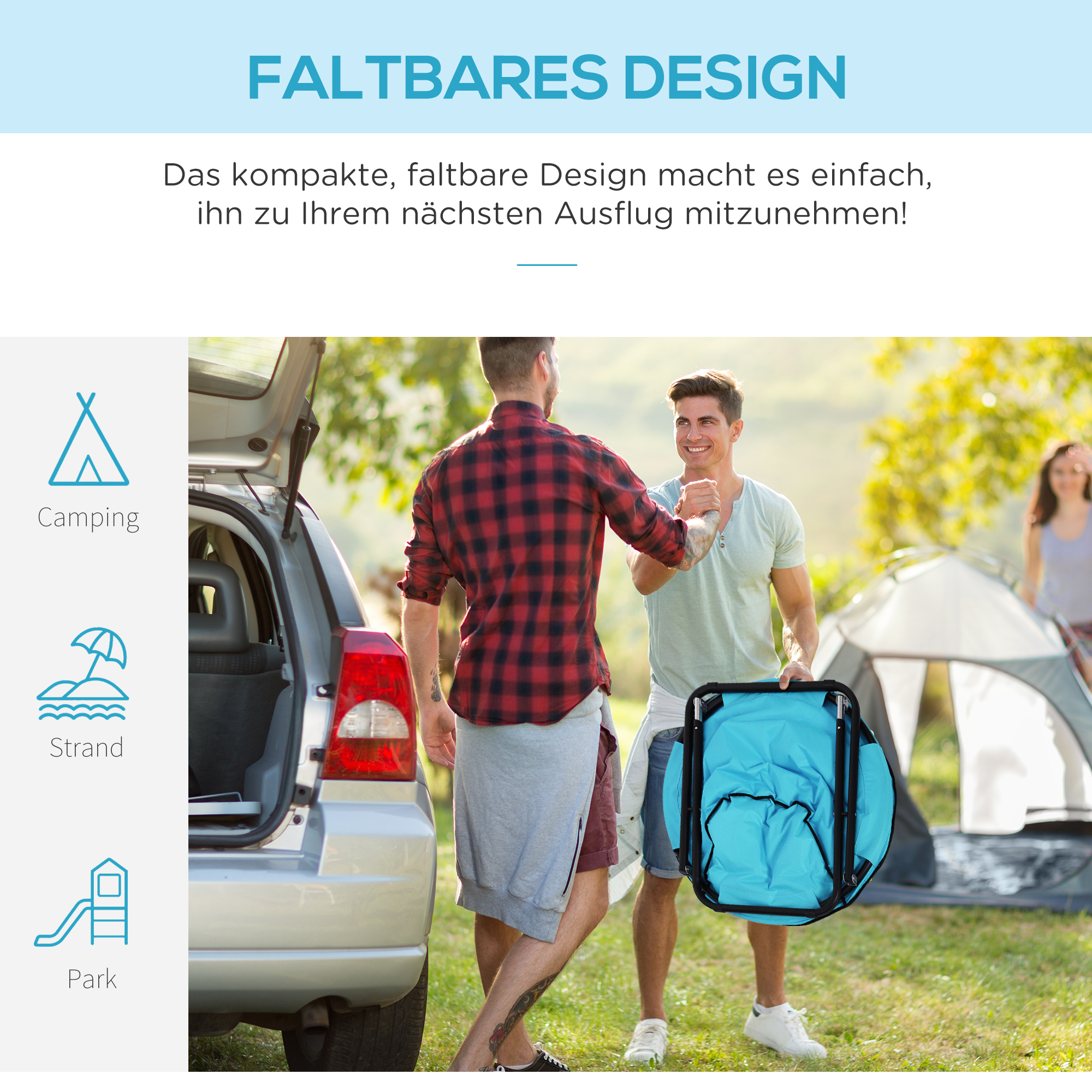 Campingstuhl Faltbar Campingsessel mit Lehne, Klappstuhl bis 120kg, gepolstert Moonchair Extra Breit, Faltsessel Outdoor Stuhl für Garten, Balkon, Camping, Blau