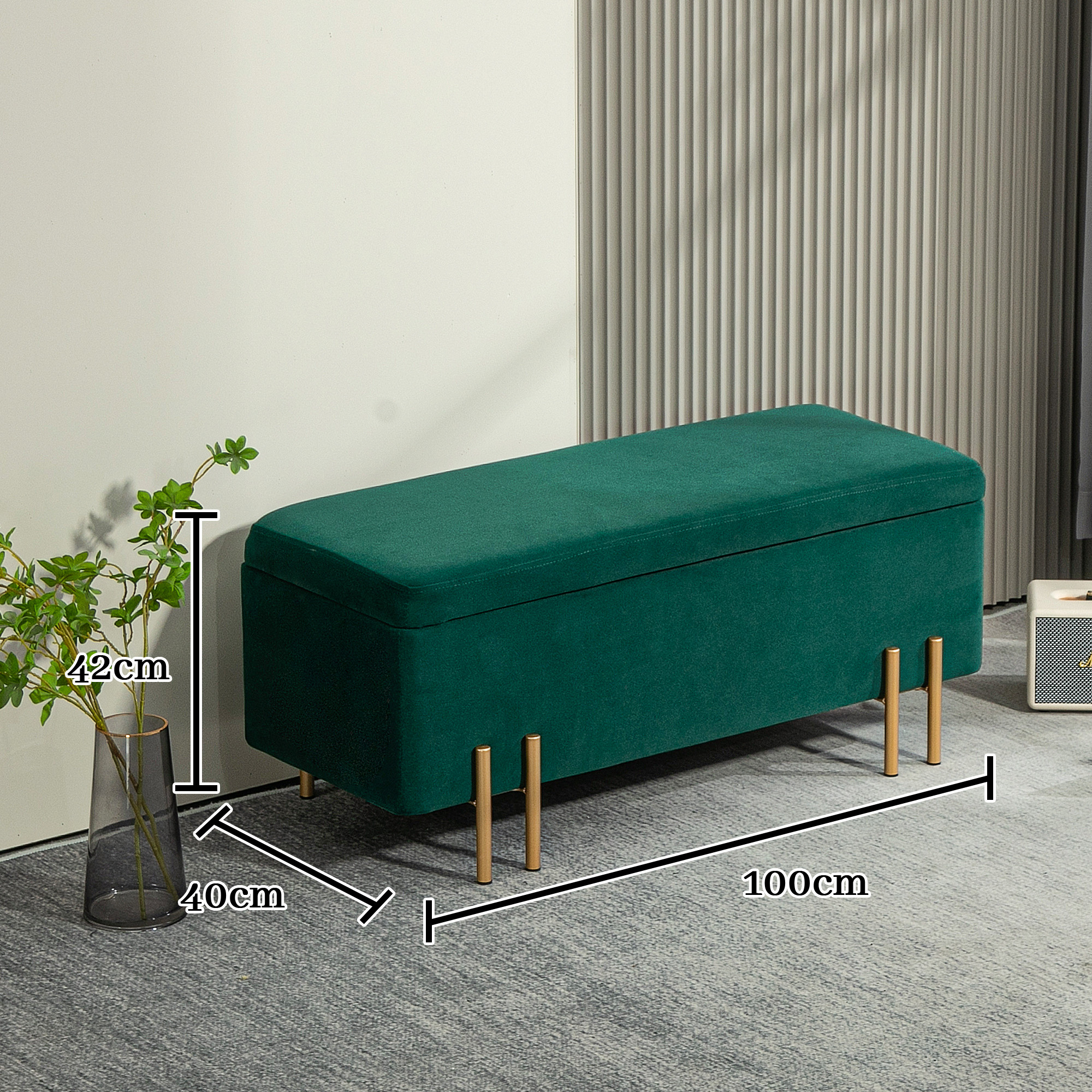 Sitzbank, Polsterbank mit Stauraum, Metall, Kautschukholz, Schaumstoff, 100 x 40 x 42 cm, Grün