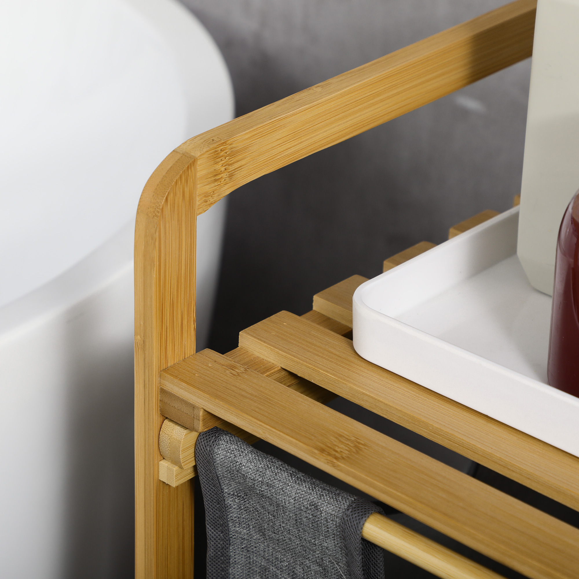 Wäschesammler Wäschekorb, 2 Wäschesäcke, 2 Griffe, Bambus, 63,5 x 33 x 73 cm, Grau + Natur