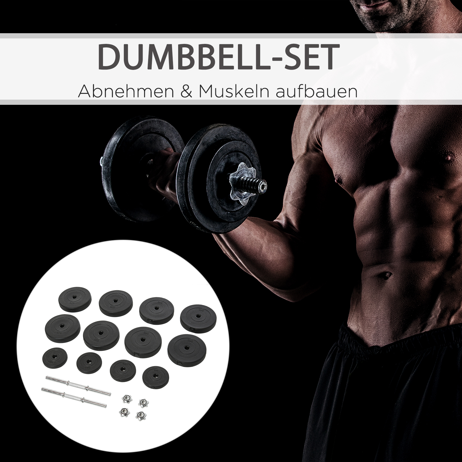 Kurzhantel-Set 8 x 5 kg, 4 x 1,5 Hantelscheiben mit Kunststoffhülle, bodenschonend, Schwarz