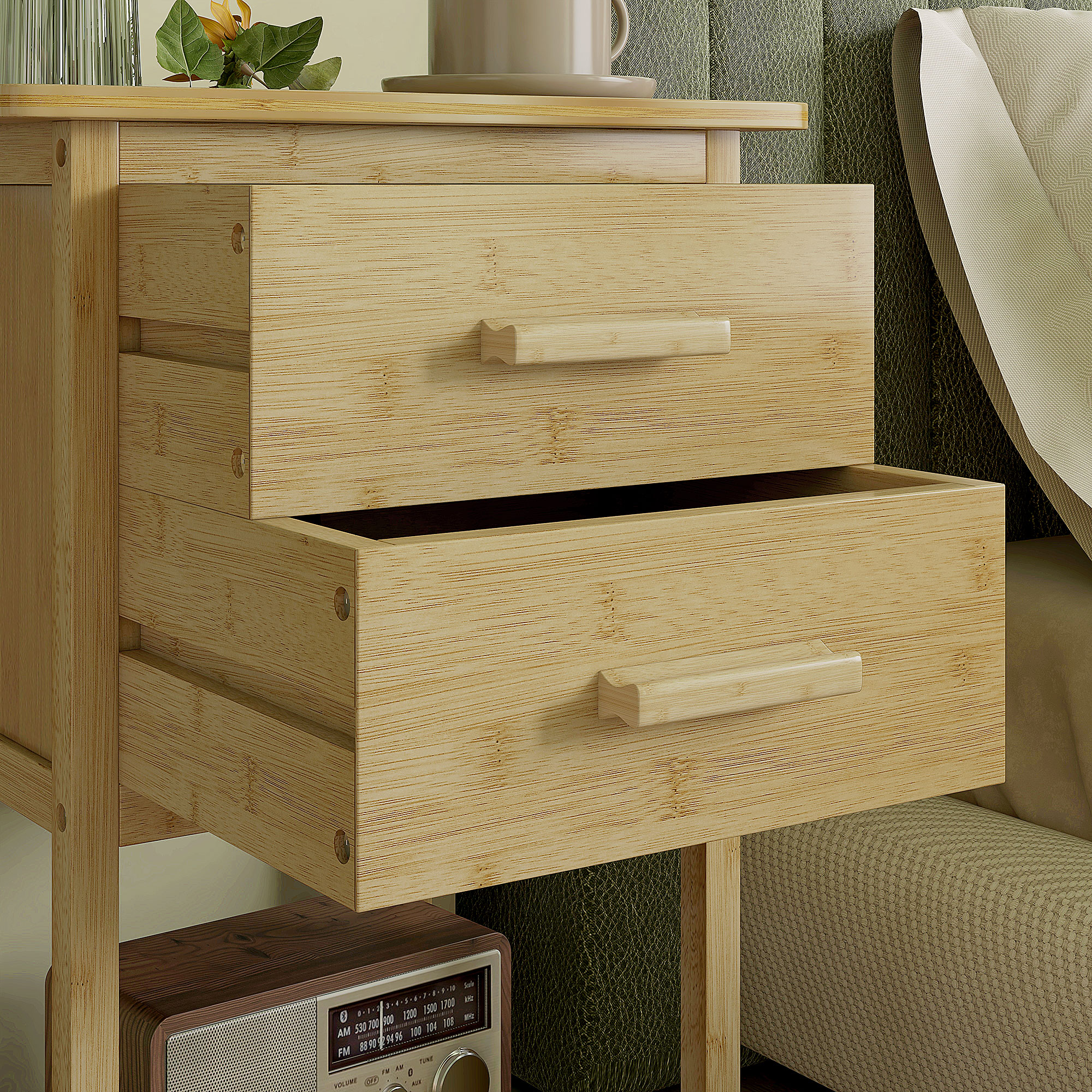 Nachtschrank, 2er-Set, Skandi-Design, Bambus, 2 Schubladen & Regal, 40x34x60cm