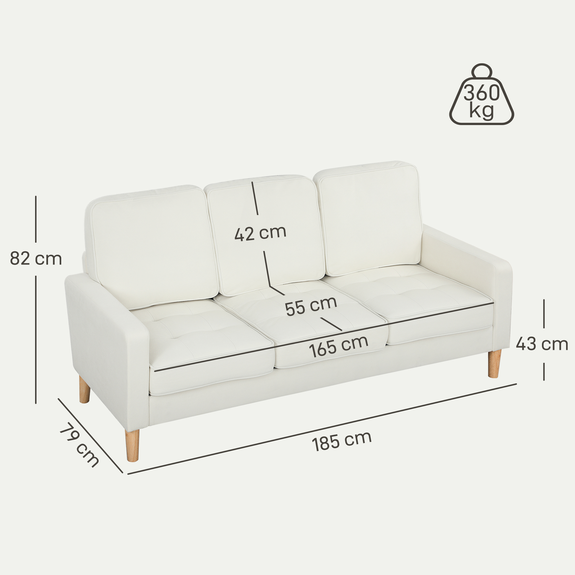 3-Sitzer-Sofa mit dicken Kissen, Kautschukholz, Stoffbezug, Polstersofa für Wohnzimmer, Büro, Schlafzimmer, Cremeweiß