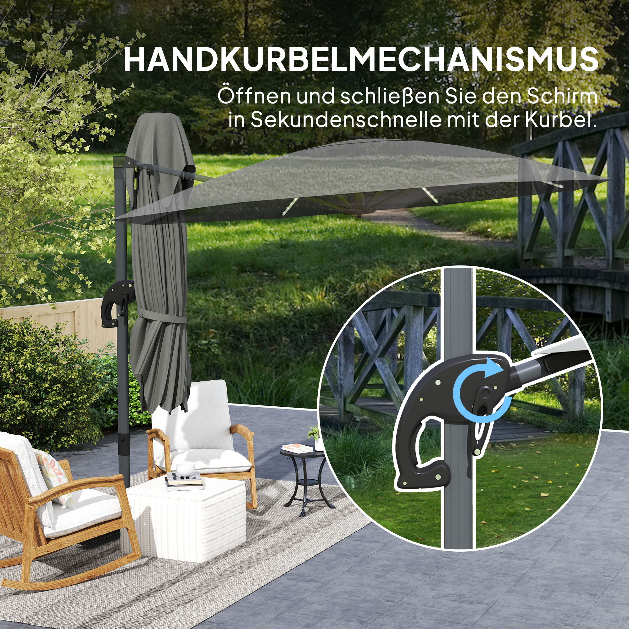 Alu Ampelschirm LED Solar Ø300 cm höhenverstellbar Sonnenschirm mit Kurbel Ständer UV50+ Dunkelgrau
